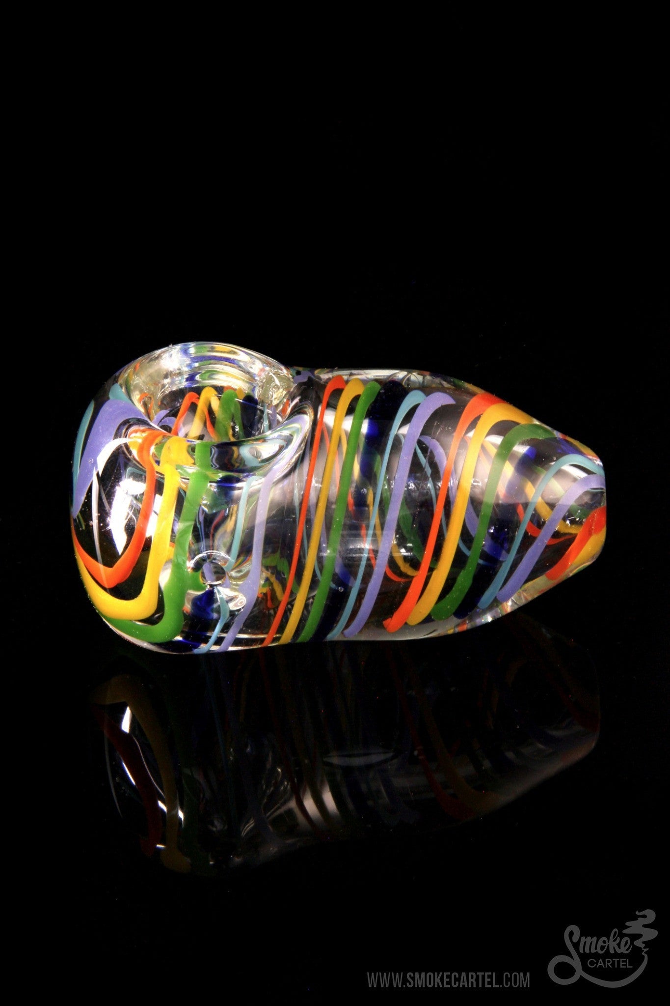 A side view of the LA Pipes Rainbow Strings Spoon, showcasing colorful swirls within the clear glass bowl.