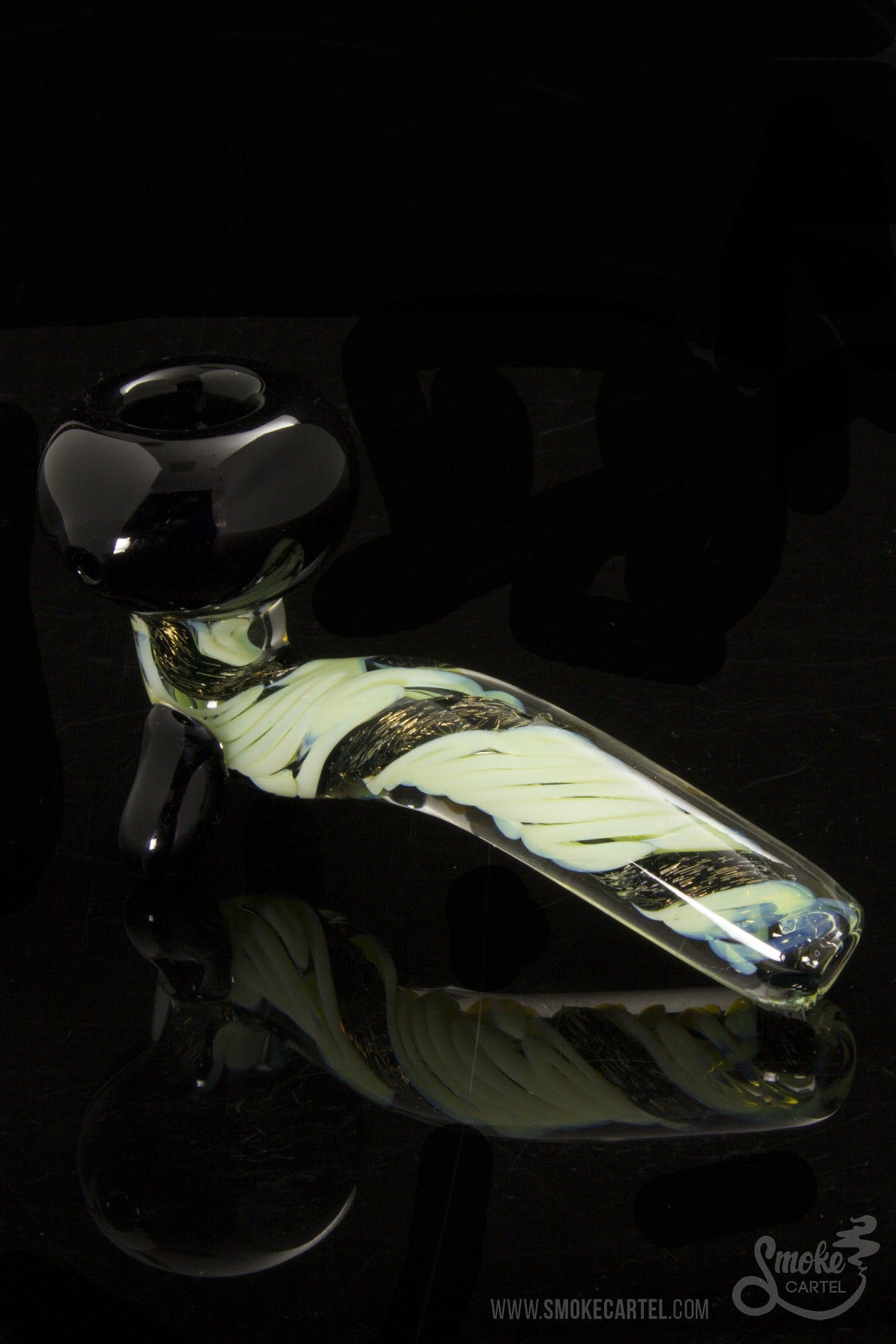 A detailed close-up of the LA Pipes Mini Sherlock with Slyme Cane and Dichro, showcasing its intricate glasswork against a black background.