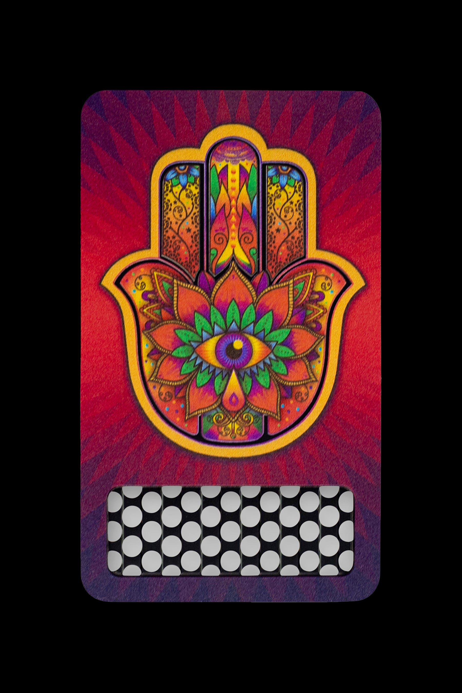 Hamsa hand with psychedelic floral eye design on a cannabis accessory case.