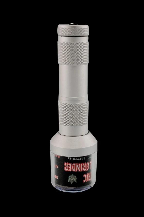 Front view of the Automatic Handheld Grinder - The Chopper, a silver, cylindrical device against a dark backdrop.