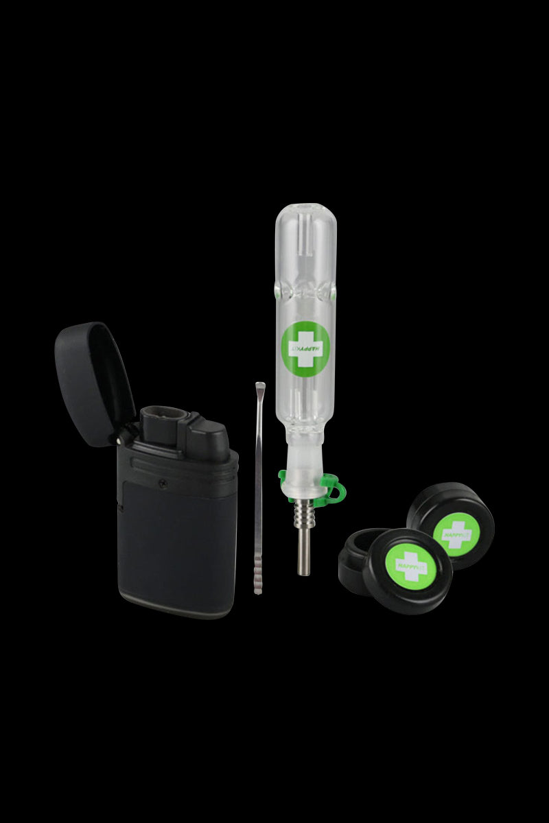 The Happy Dab Kit is shown from a slight angle, featuring a black handheld device next to a clear glass attachment.