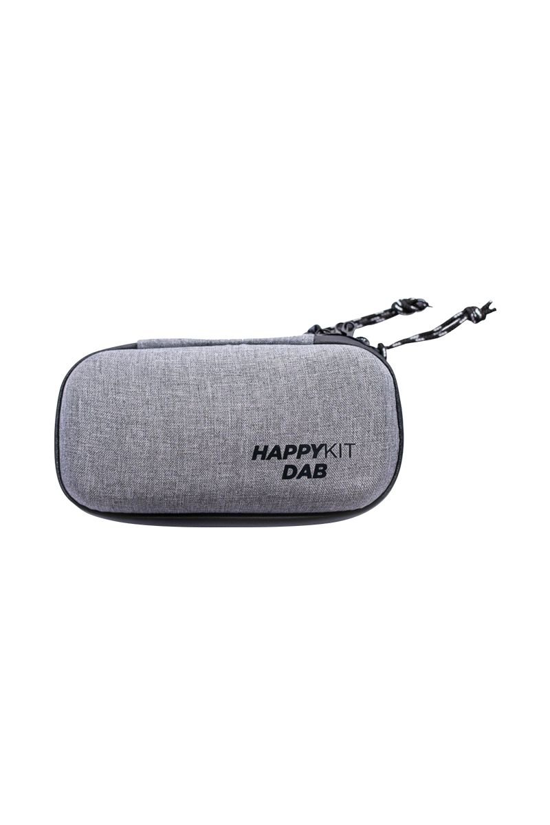 Front view of The Happy Dab Kit, a zippered carrying case with a textured grey finish.