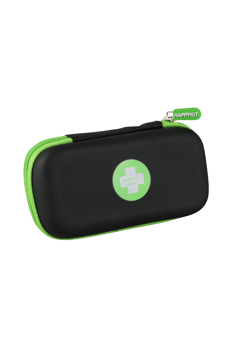 Front view of The Happy Dab Kit, a zippered, black travel case resting on a plain white background.