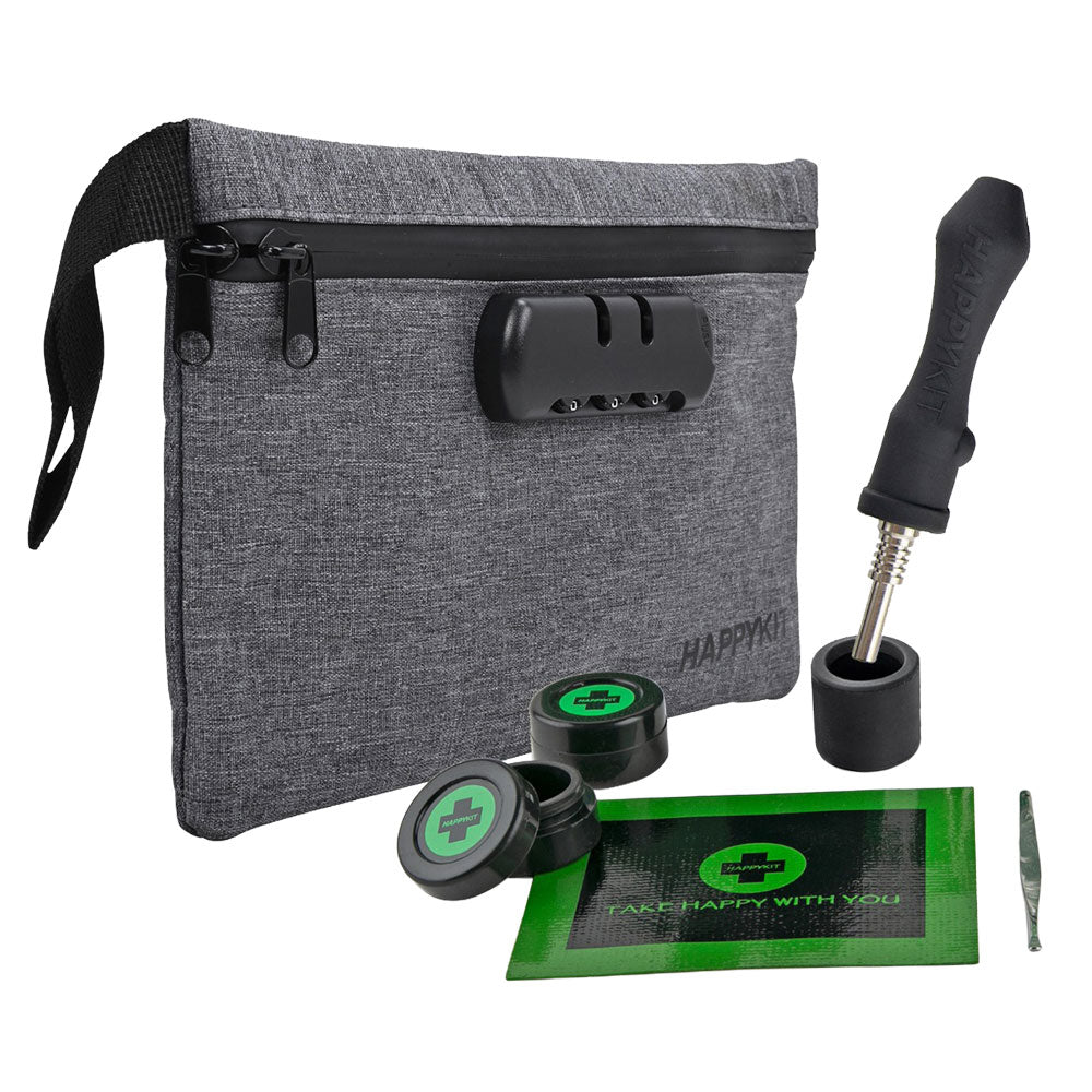 Gray lockable cannabis storage bag with accessories including a glass jar, tool, and cleaning stick.