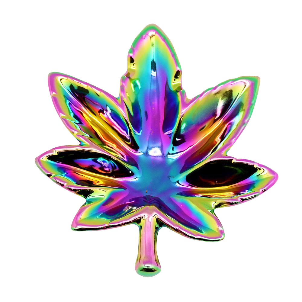 A top-down view of the Hemp Leaf Rainbow Iridescent Ashtray, showcasing its colorful, leaf-shaped design.