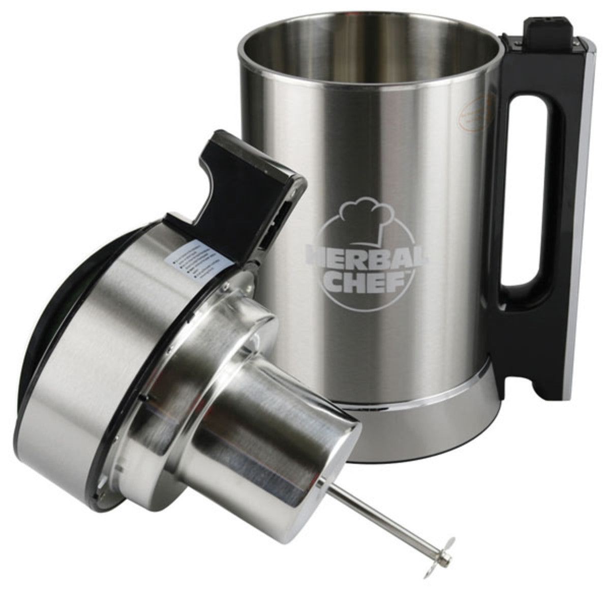 Front view of the Pulsar Electric Infuser, a silver metallic device with a sleek, cylindrical shape and black handle.