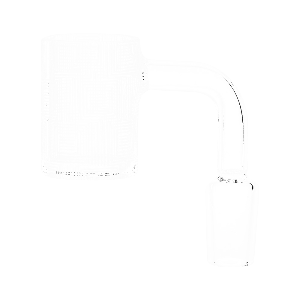 Side view of the Hidden Circles Optical Illusion Etched Quartz Banger showing its right-angled neck and etched circular pattern on the bucket.