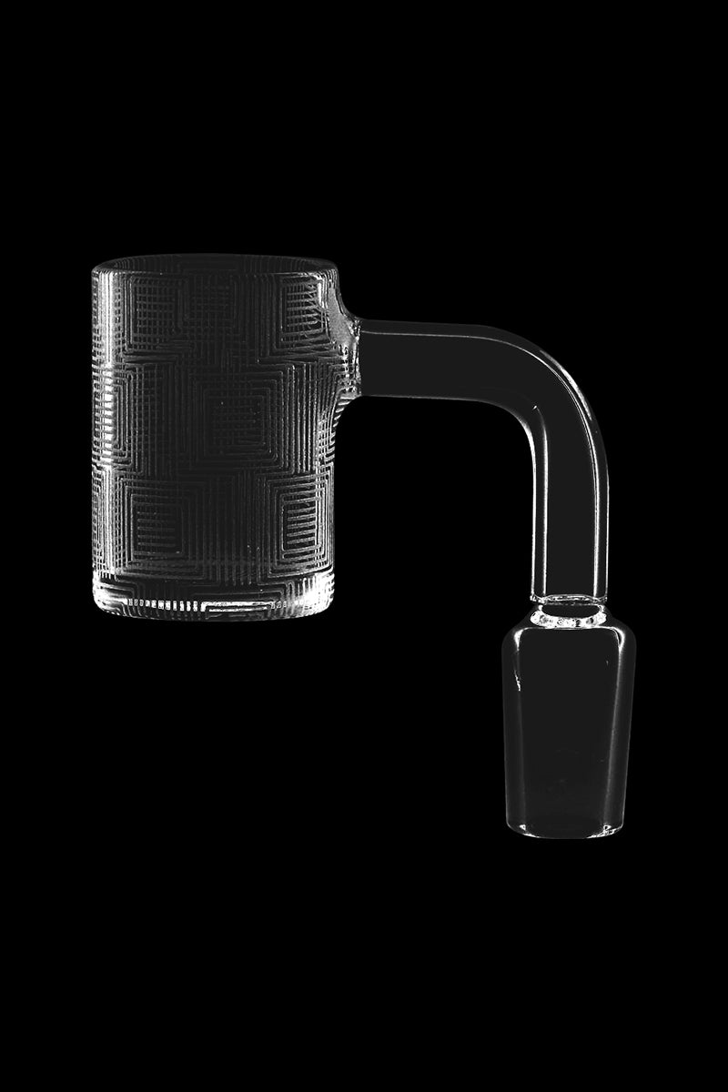 Side view of the Hidden Circles Optical Illusion Etched Quartz Banger showing its textured cylindrical bucket and curved neck against a black background.