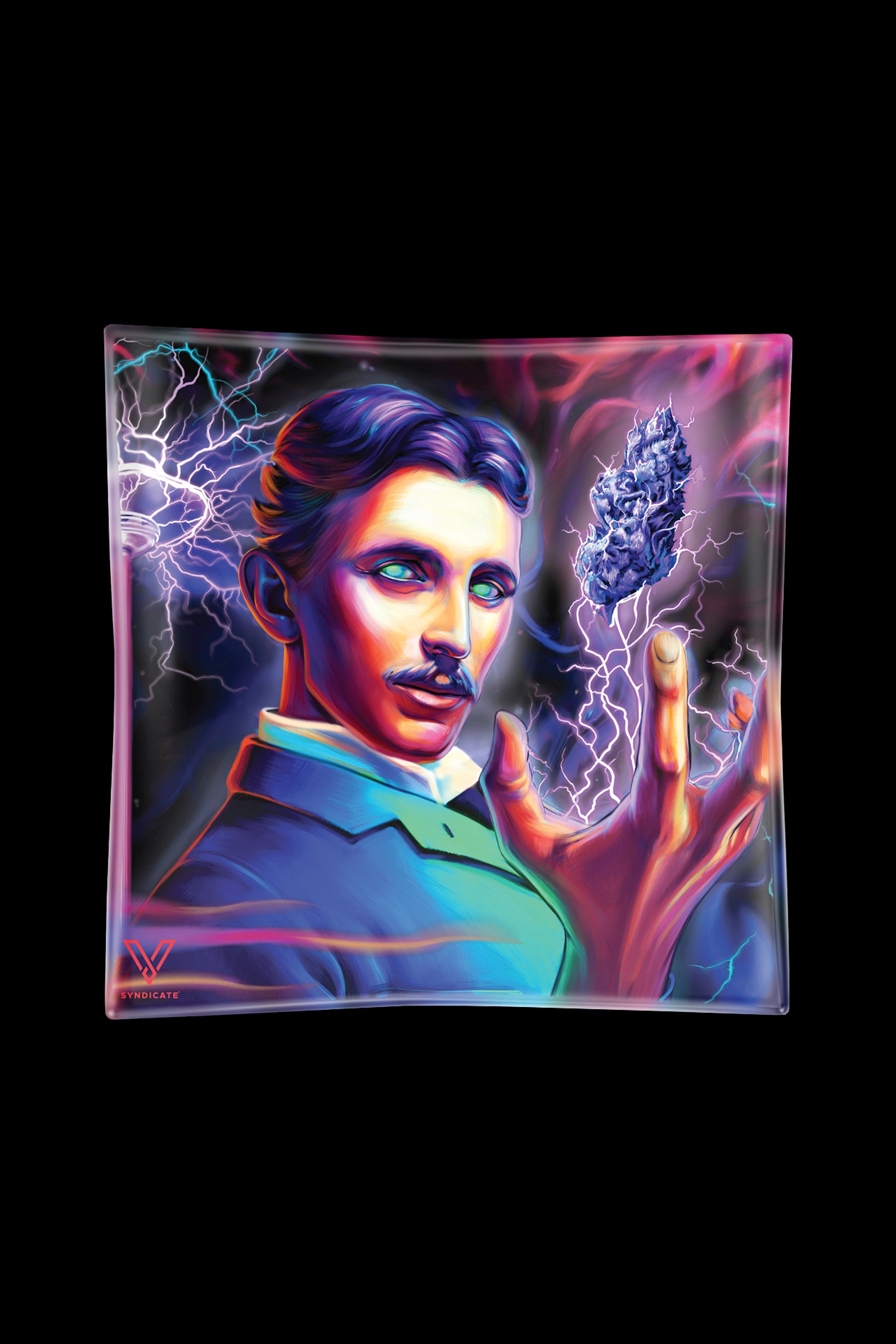 A vibrant, stylized portrait of Nikola Tesla holding a glowing cannabis bud with electric sparks emanating from his hand, displayed on a dark background.