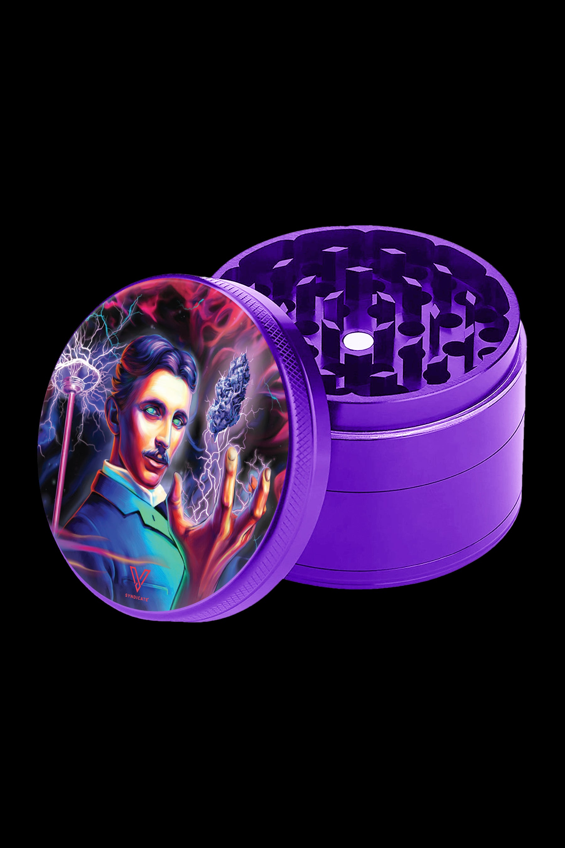 Purple four-piece grinder with a detailed illustration of Nikola Tesla holding glowing cannabis buds.