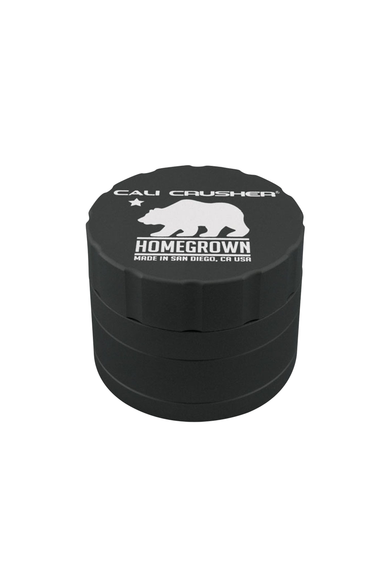 Top-down view of the black Cali Crusher Homegrown 4 Piece Grinder with Quicklock showing white bear logo and stacked four-piece profile.
