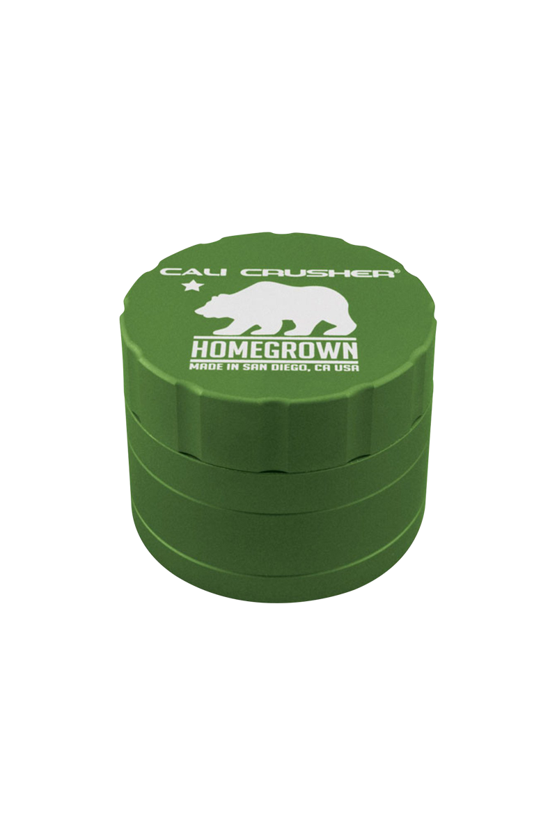 Top-down view of a green Cali Crusher Homegrown 4 Piece Grinder with white bear logo and stacked ridged layers.