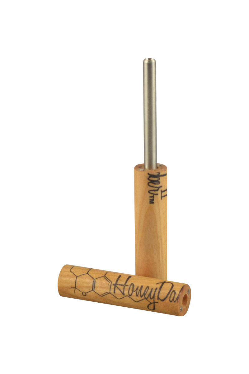 Studio-lit front view of the Honey Dabber II Vapor Straw Collector showing its upright stainless straw and engraved wooden handle lying beside it.