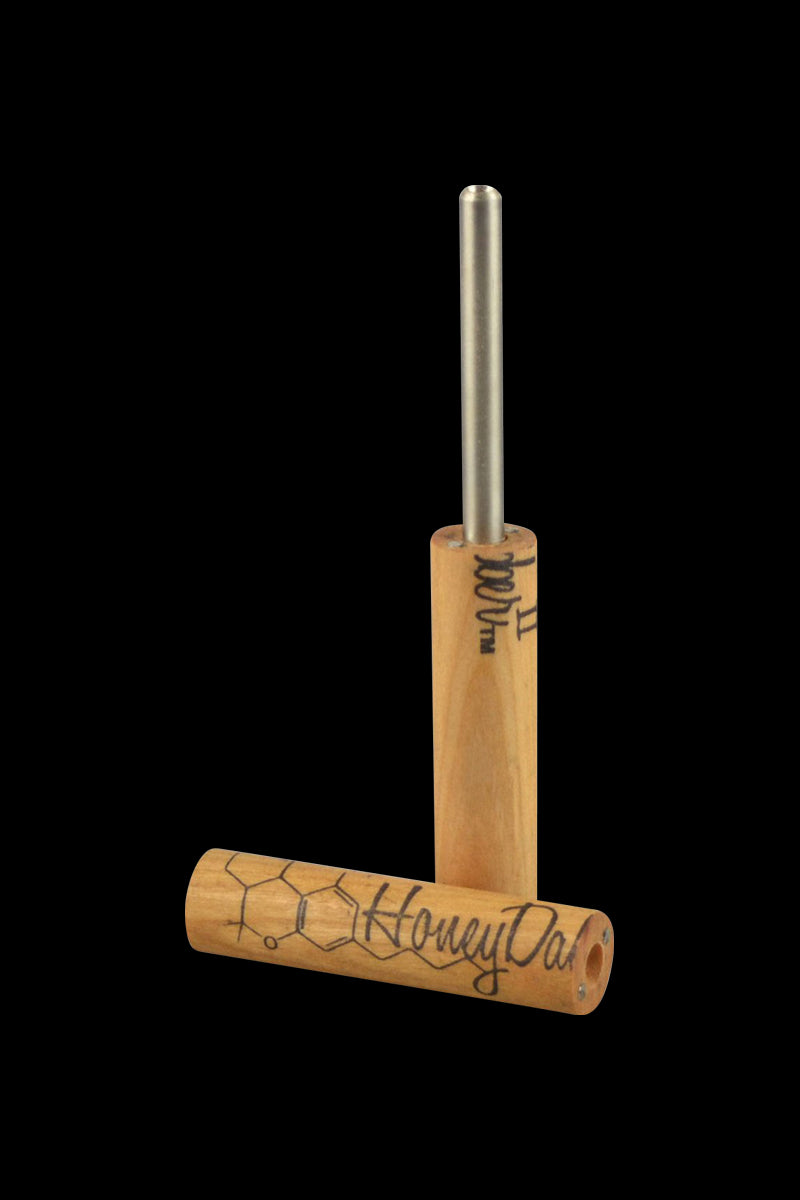 Vertical three-quarter view of the Honey Dabber II Vapor Straw Collector showing its wood body with quartz tip and engraved logo on black background