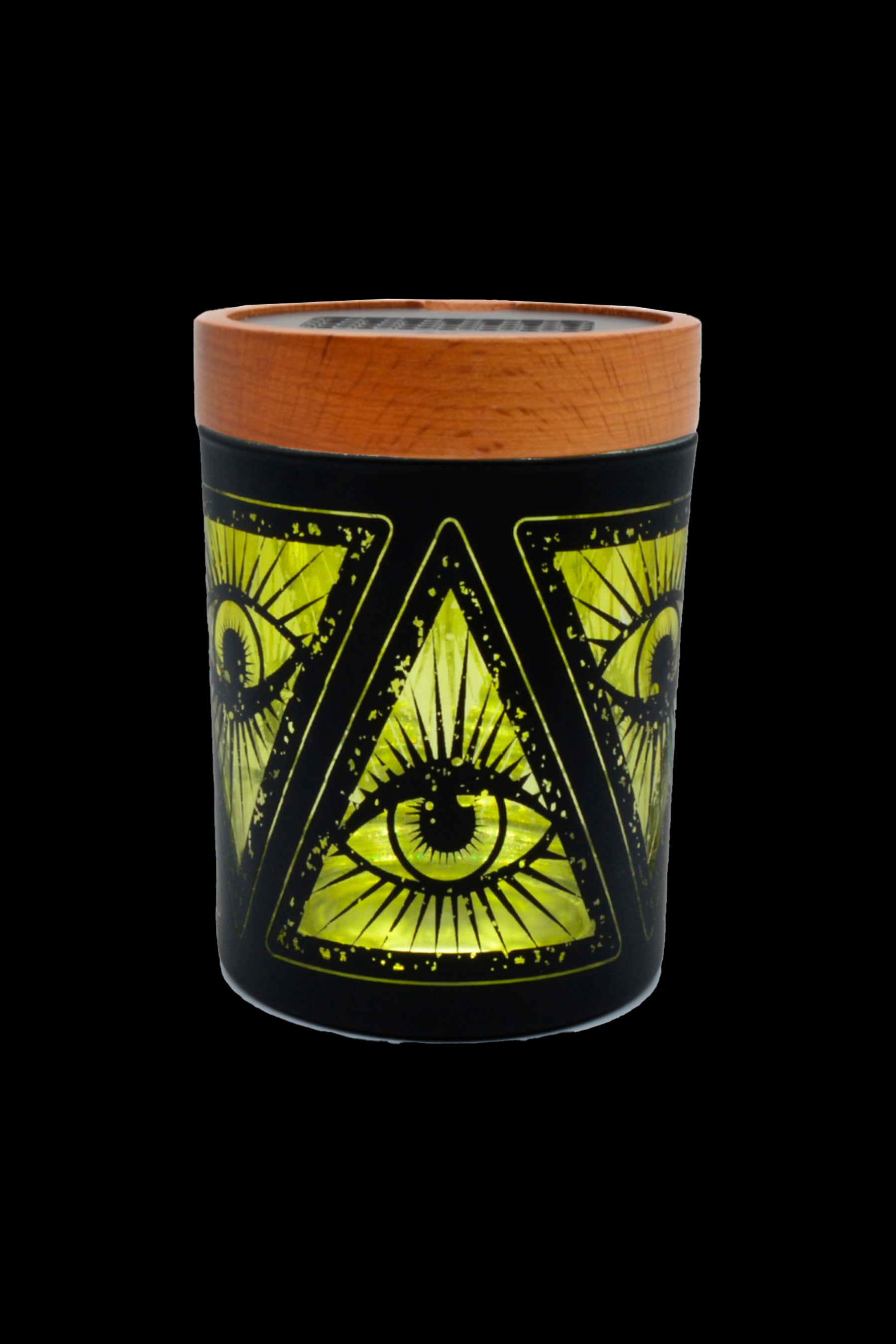 Black glass cannabis storage jar with glowing green all-seeing eye and pyramid design, topped with a wooden lid.