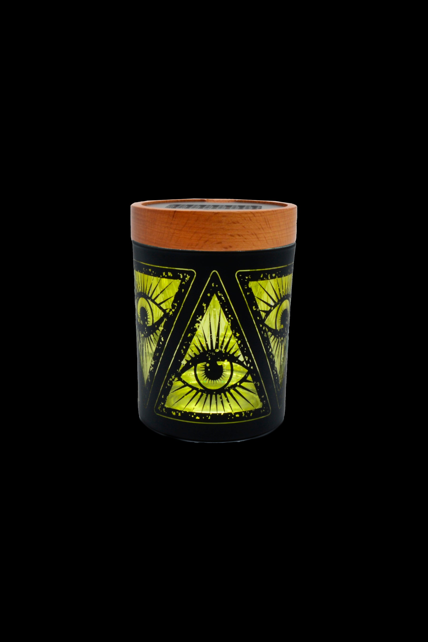 Black glass cannabis pipe with an all-seeing eye design in gold and green.