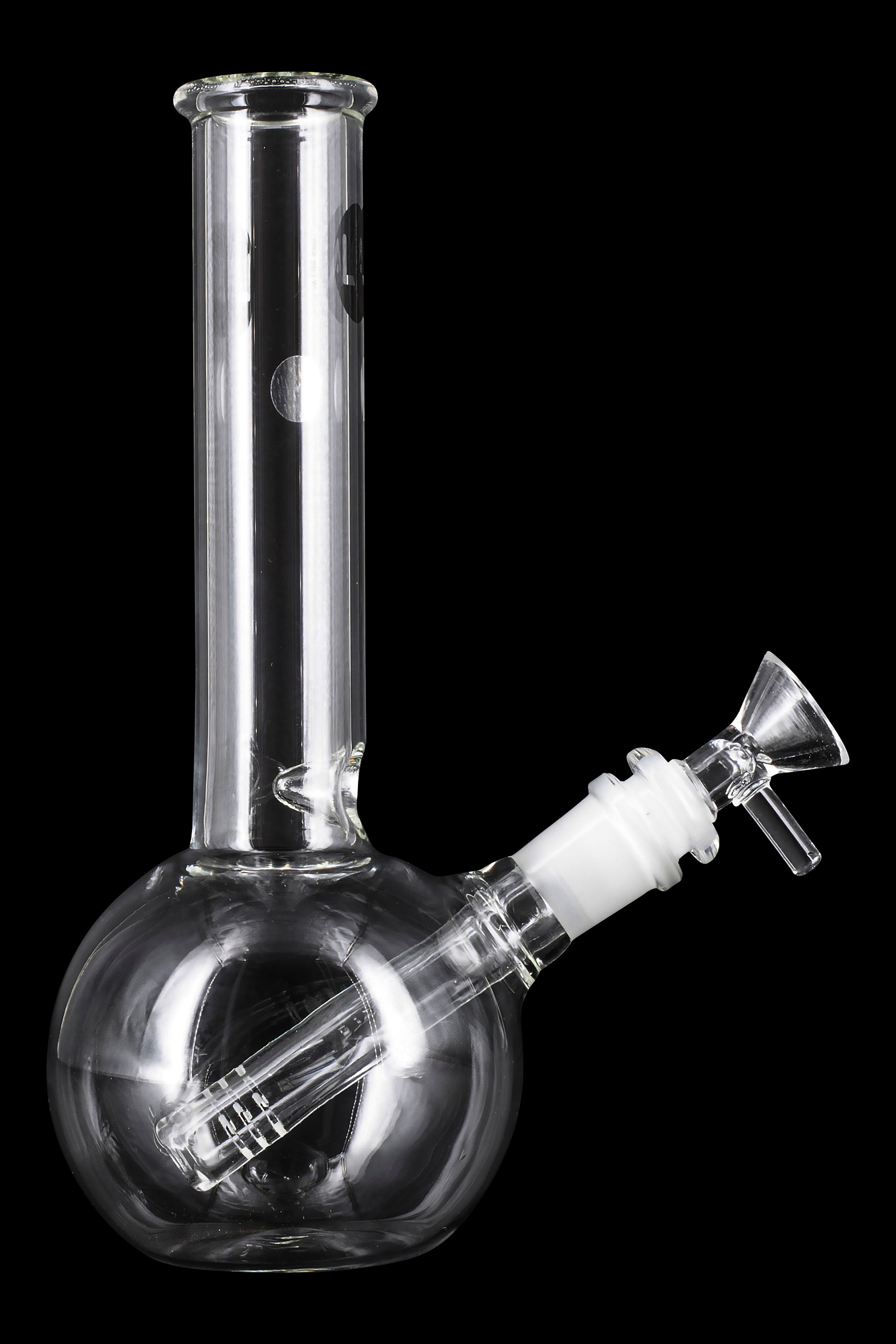A studio shot of the LA Pipes Bubble Base Basic Bong, showcasing its clear glass construction and rounded base design.
