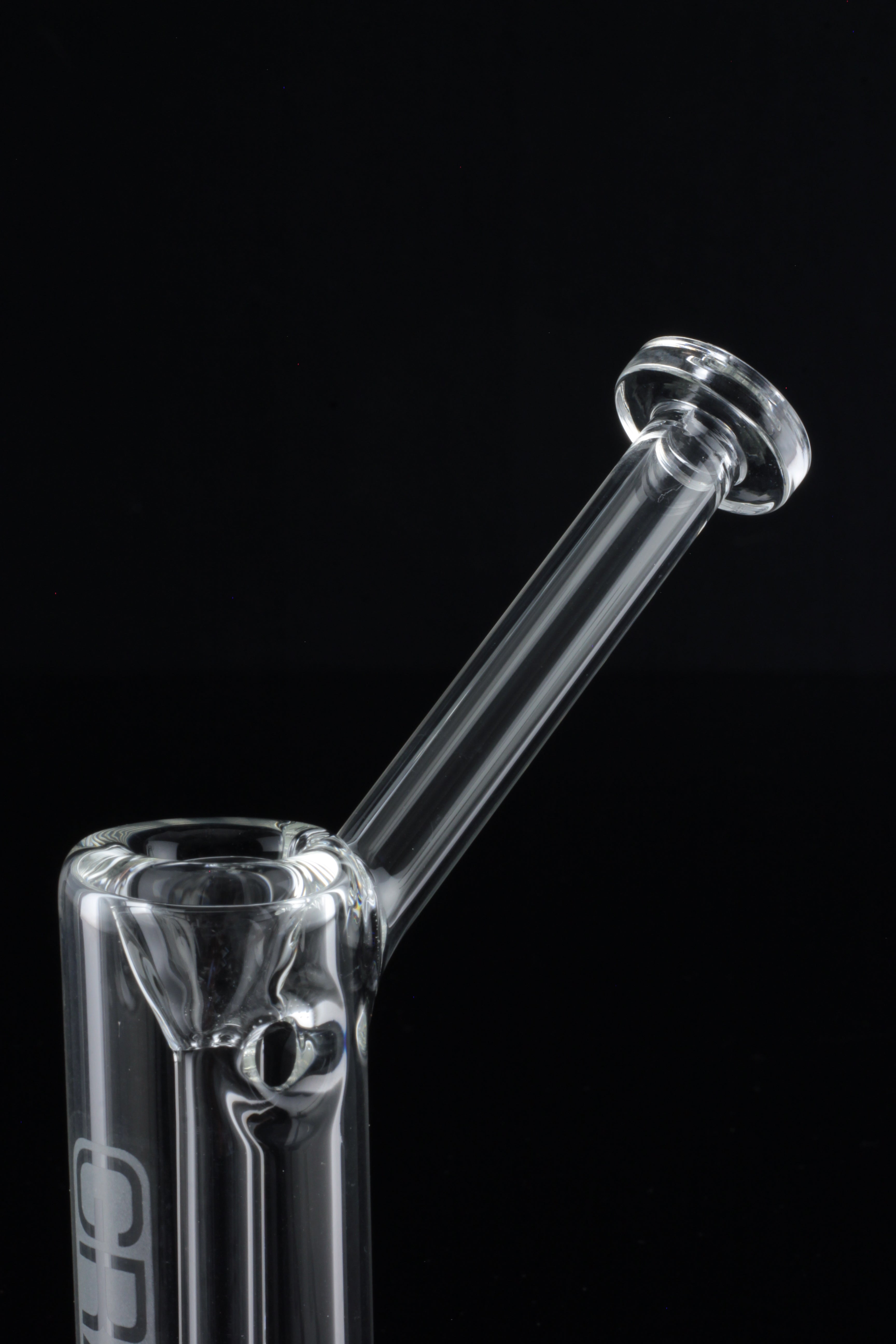 Clear glass bubbler with an angled mouthpiece, against a black background.
