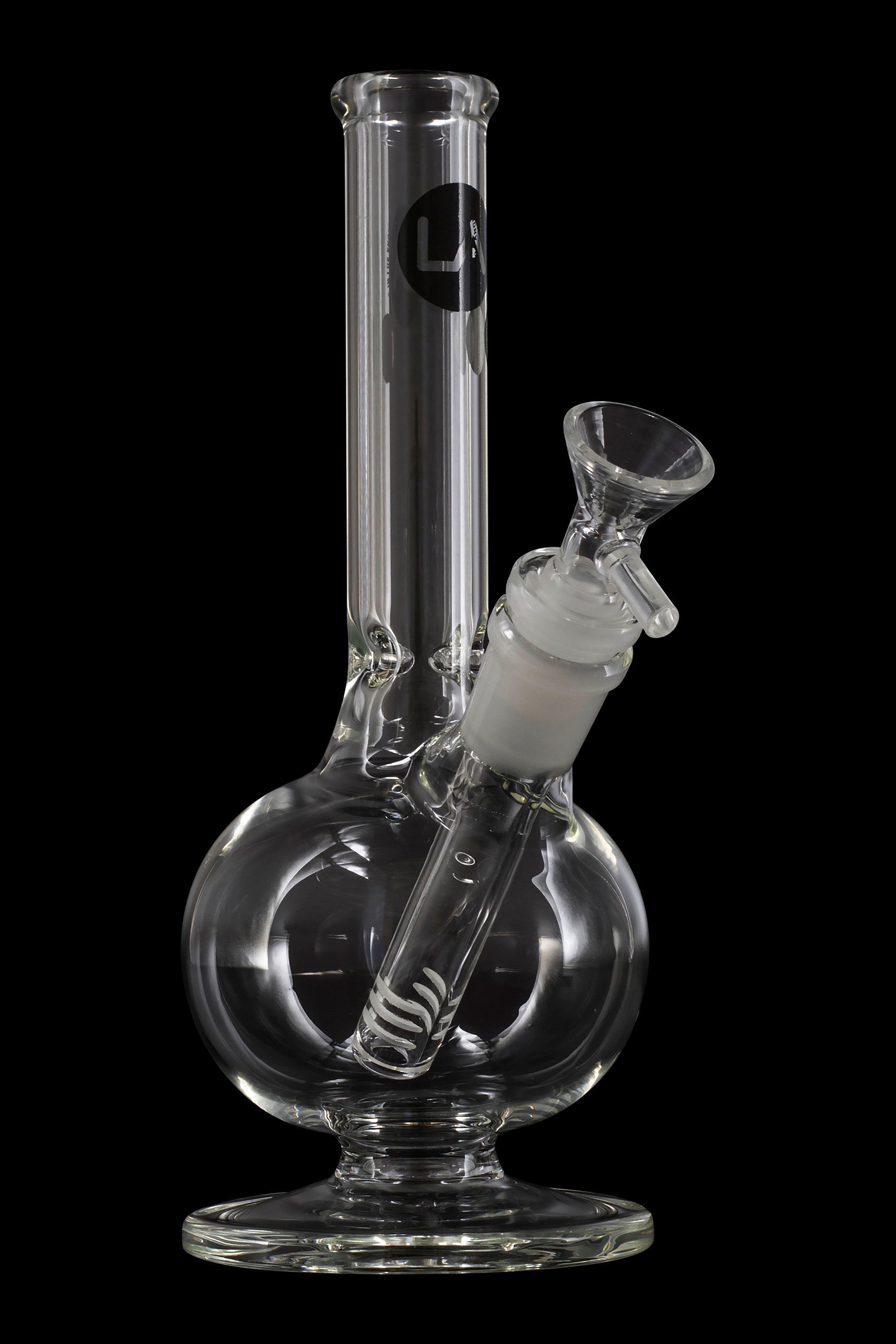 Clear glass water pipe (bong) with a spherical base and removable downstem.