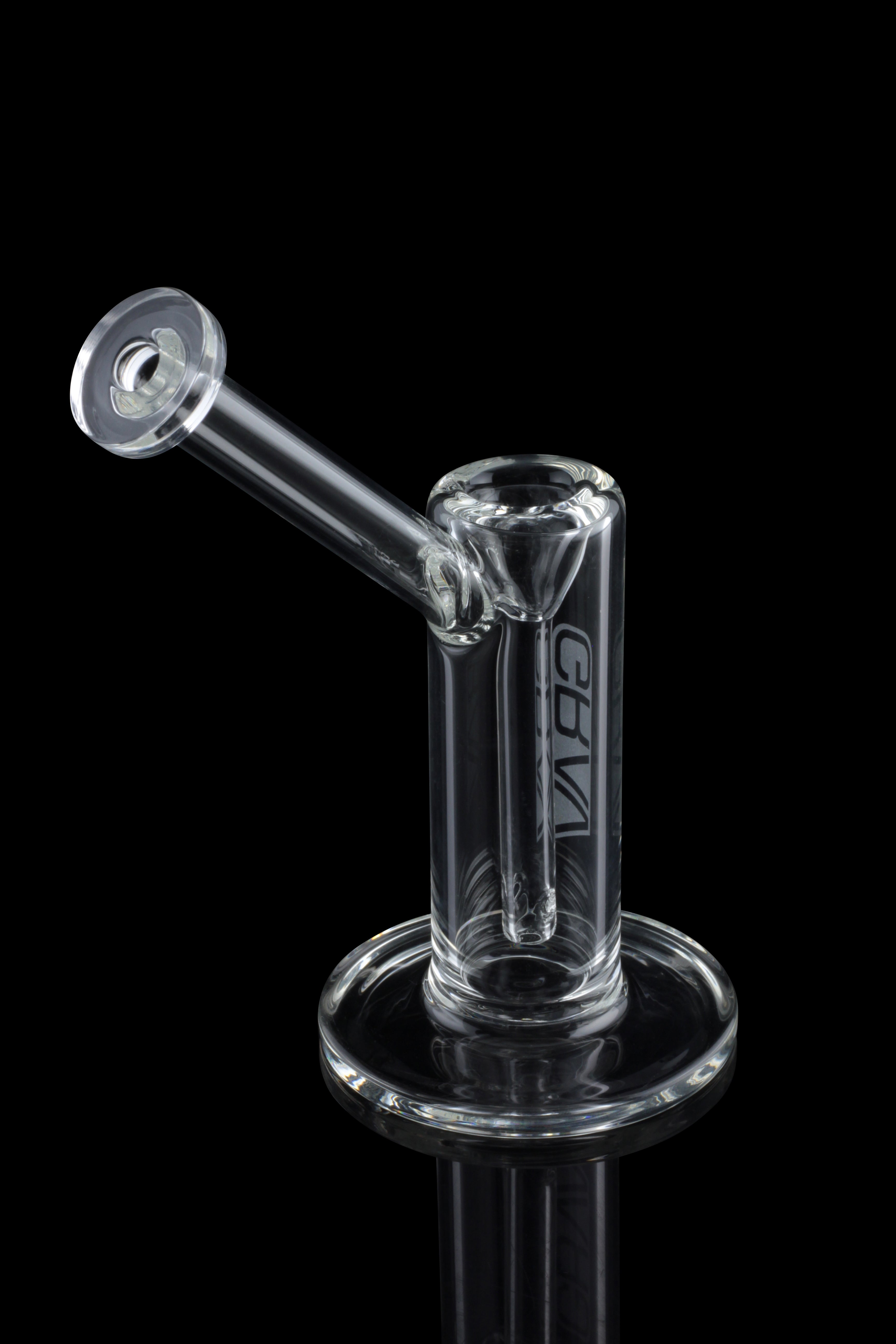 Clear glass oil rig with branding, isolated on black.