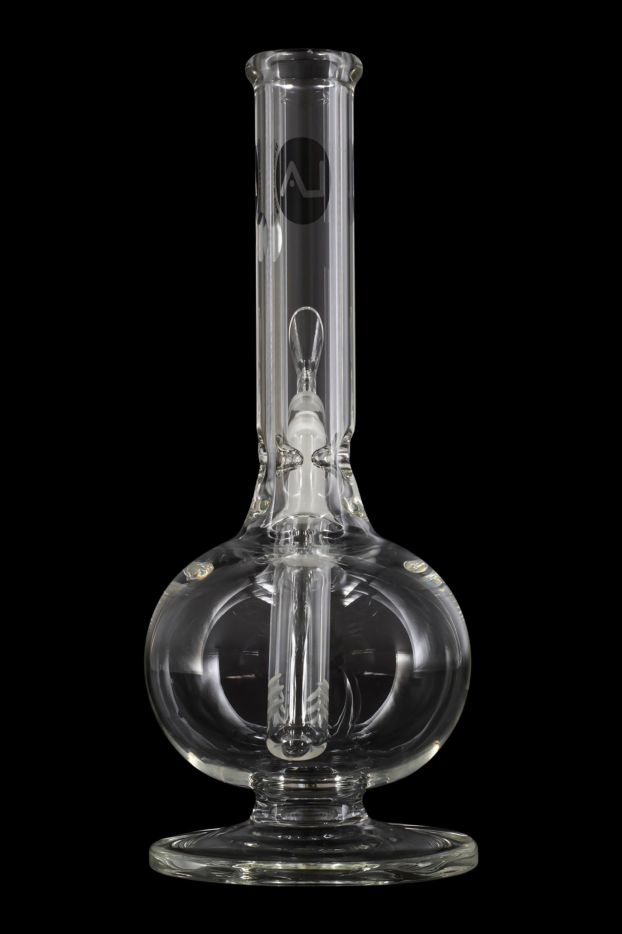 Clear glass bong with intricate bubbler and stem against a black background.