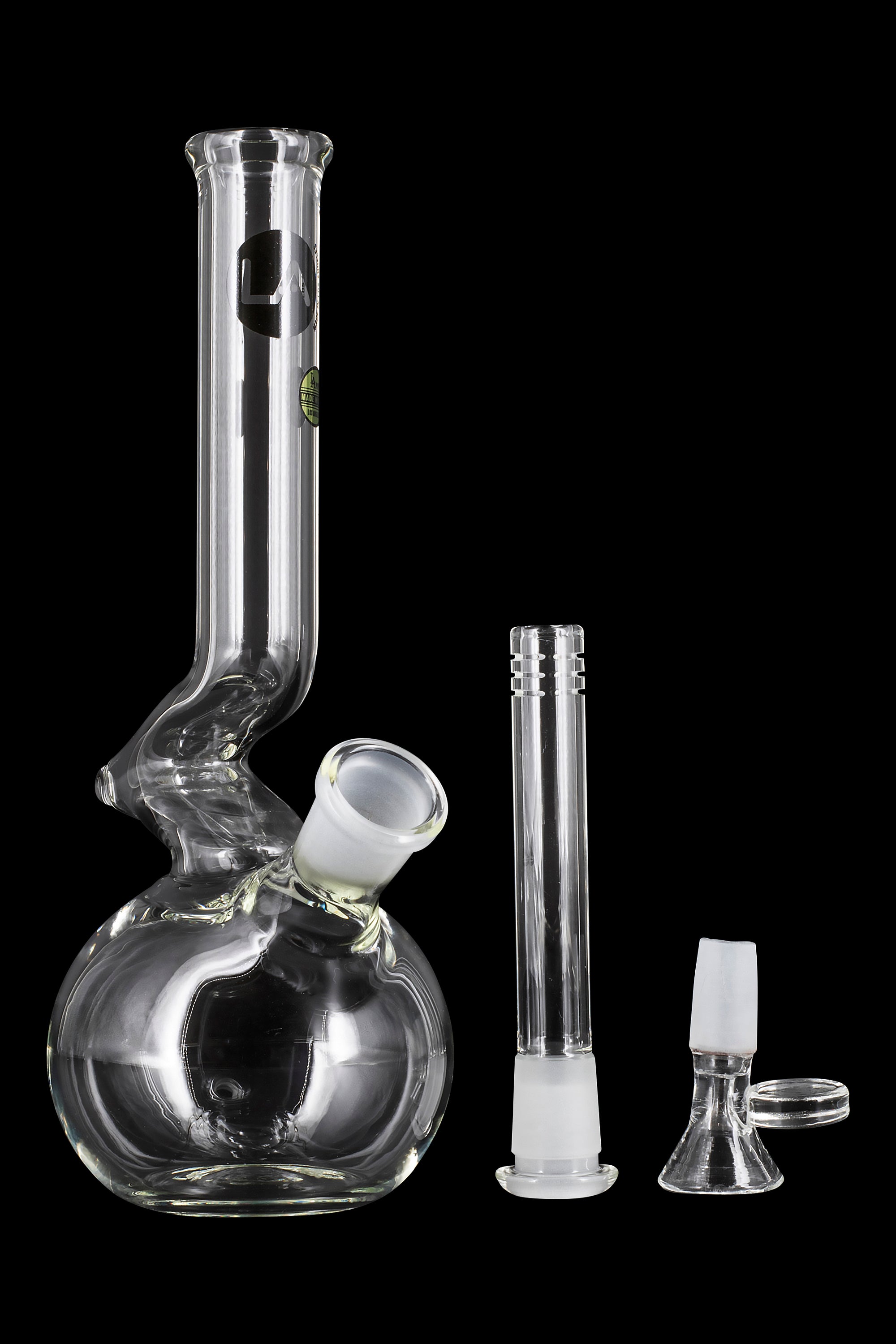Front view of the LA Pipes Bubble Base Zong Neck Water Pipe – Simply Guy, showing a clear glass pipe against a black backdrop.