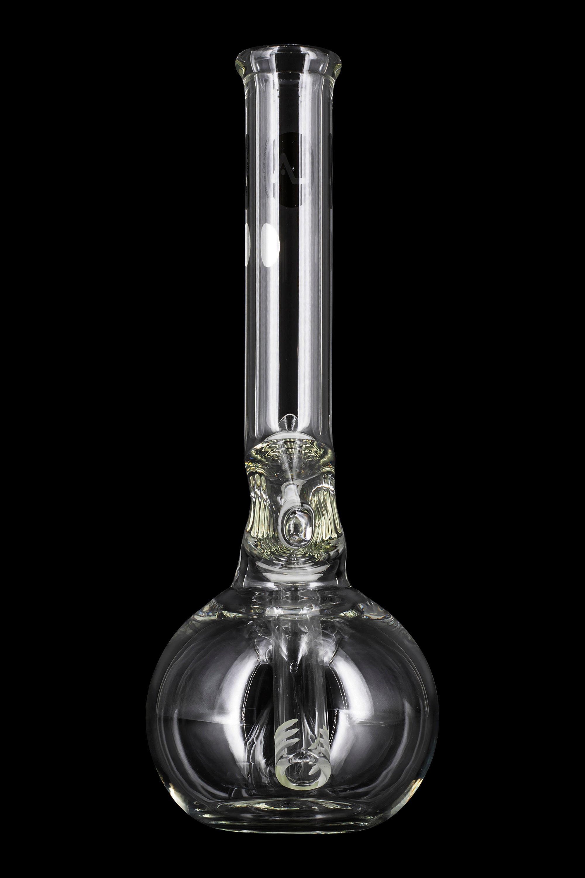 A front view of the LA Pipes Bubble Base Zong Neck Water Pipe – Simply Guy, showcasing its clear glass construction and rounded base.