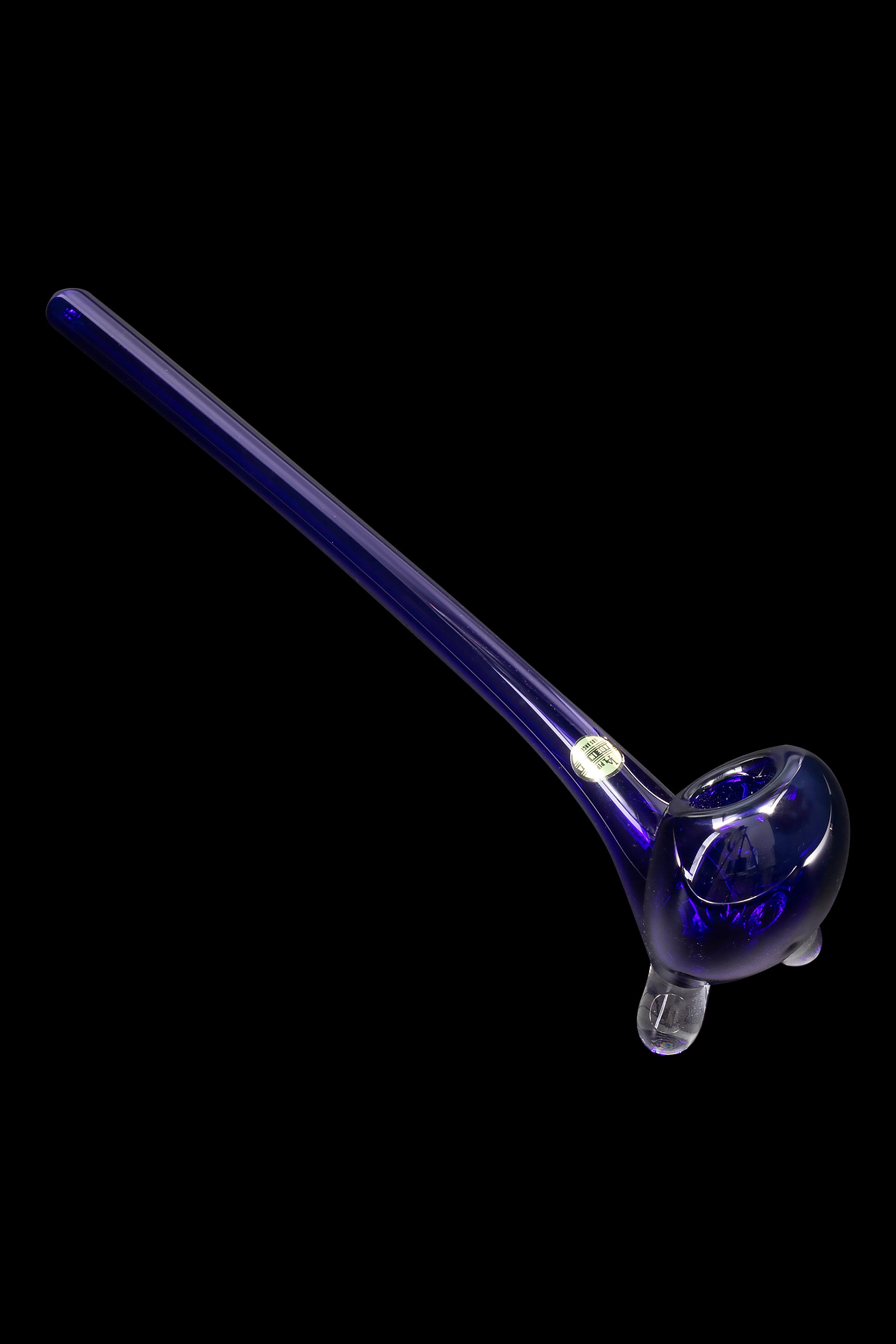Blue glass pipe with a rounded bowl, isolated on a black background.