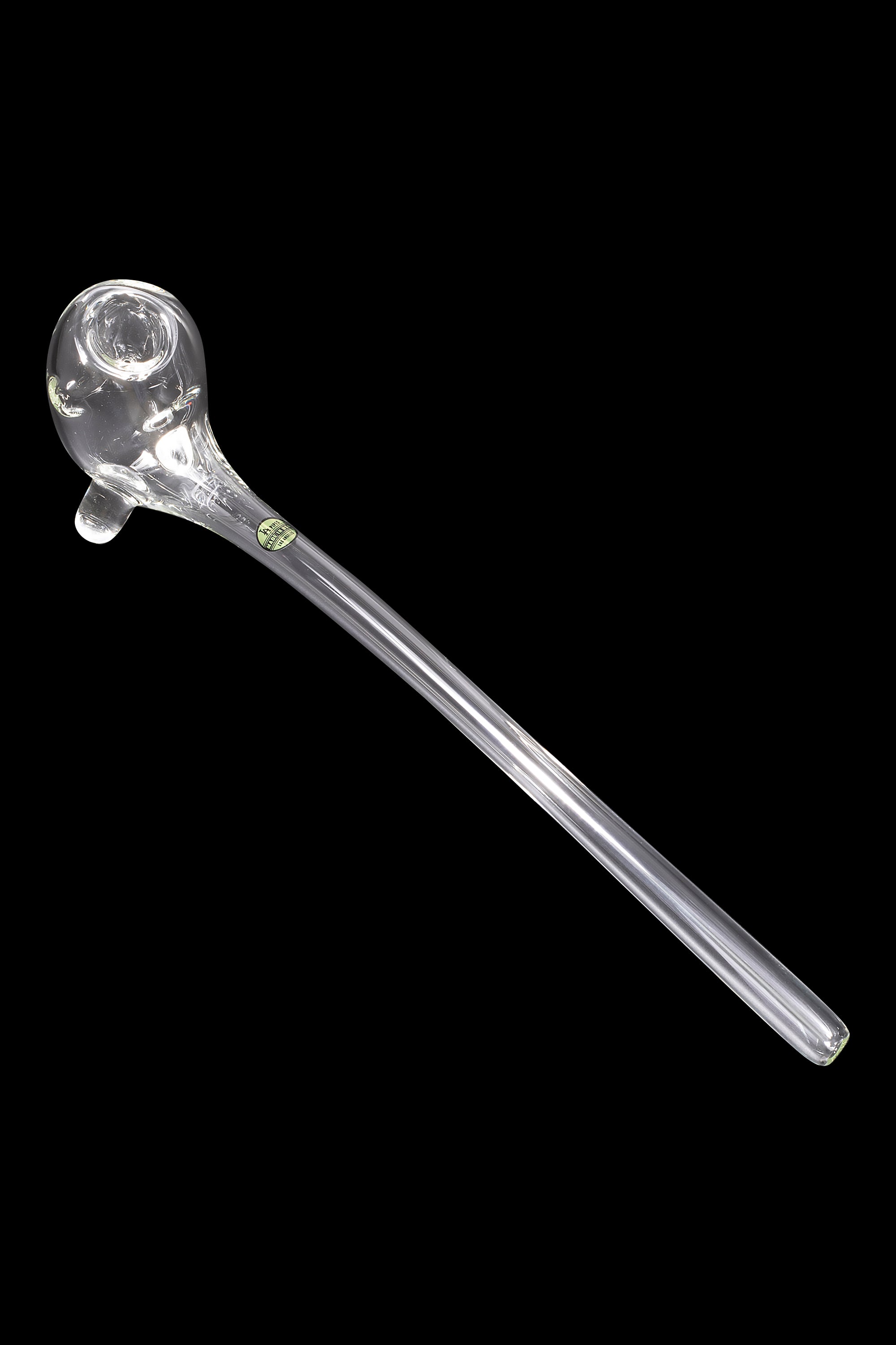 Clear glass pipe for smoking, isolated on a black background.
