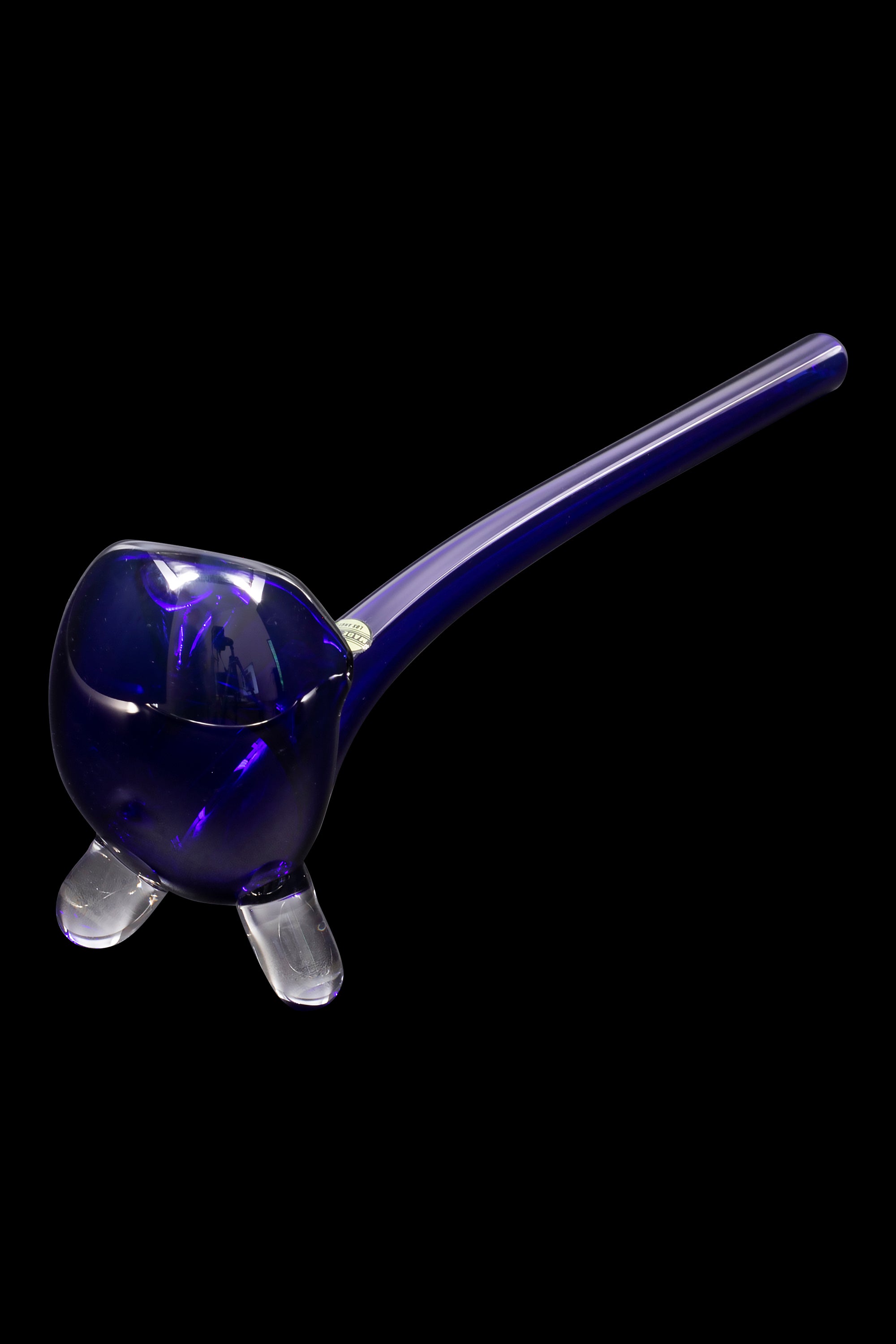 Blue glass cannabis oil rig with three clear feet.