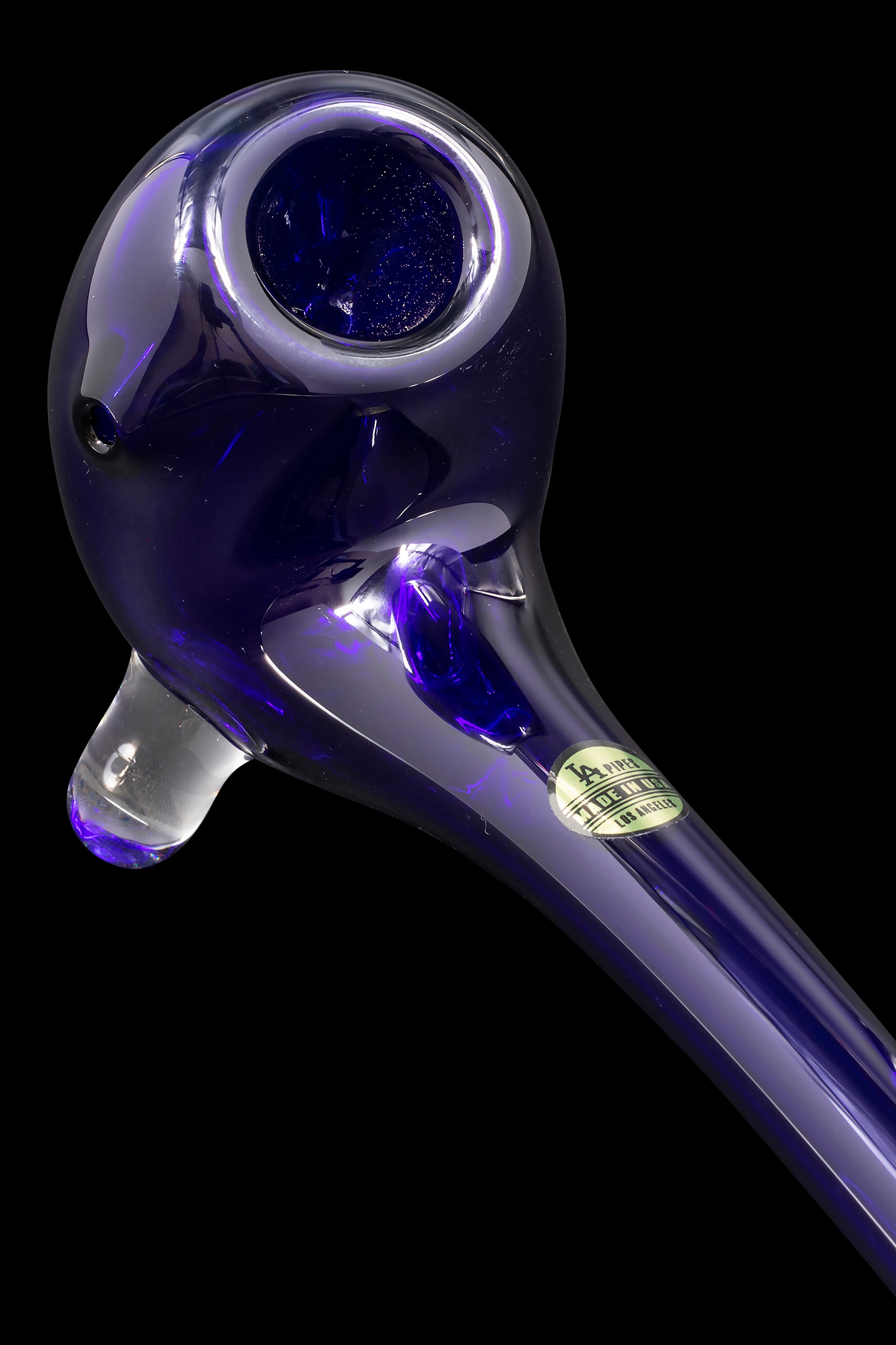 Purple glass pipe with a speckled bowl and branded sticker.