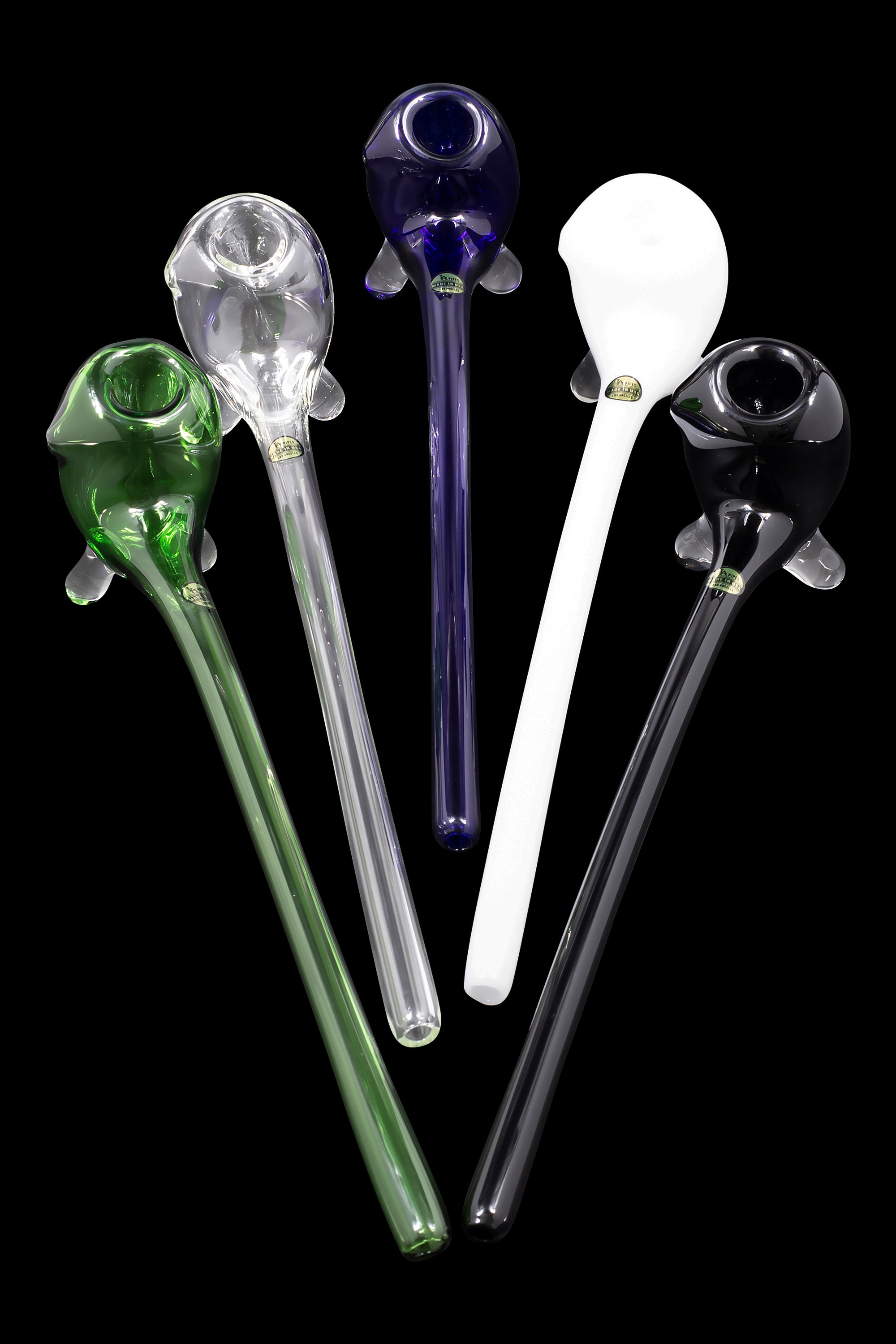 Assortment of colorful glass smoking pipes on a black background.