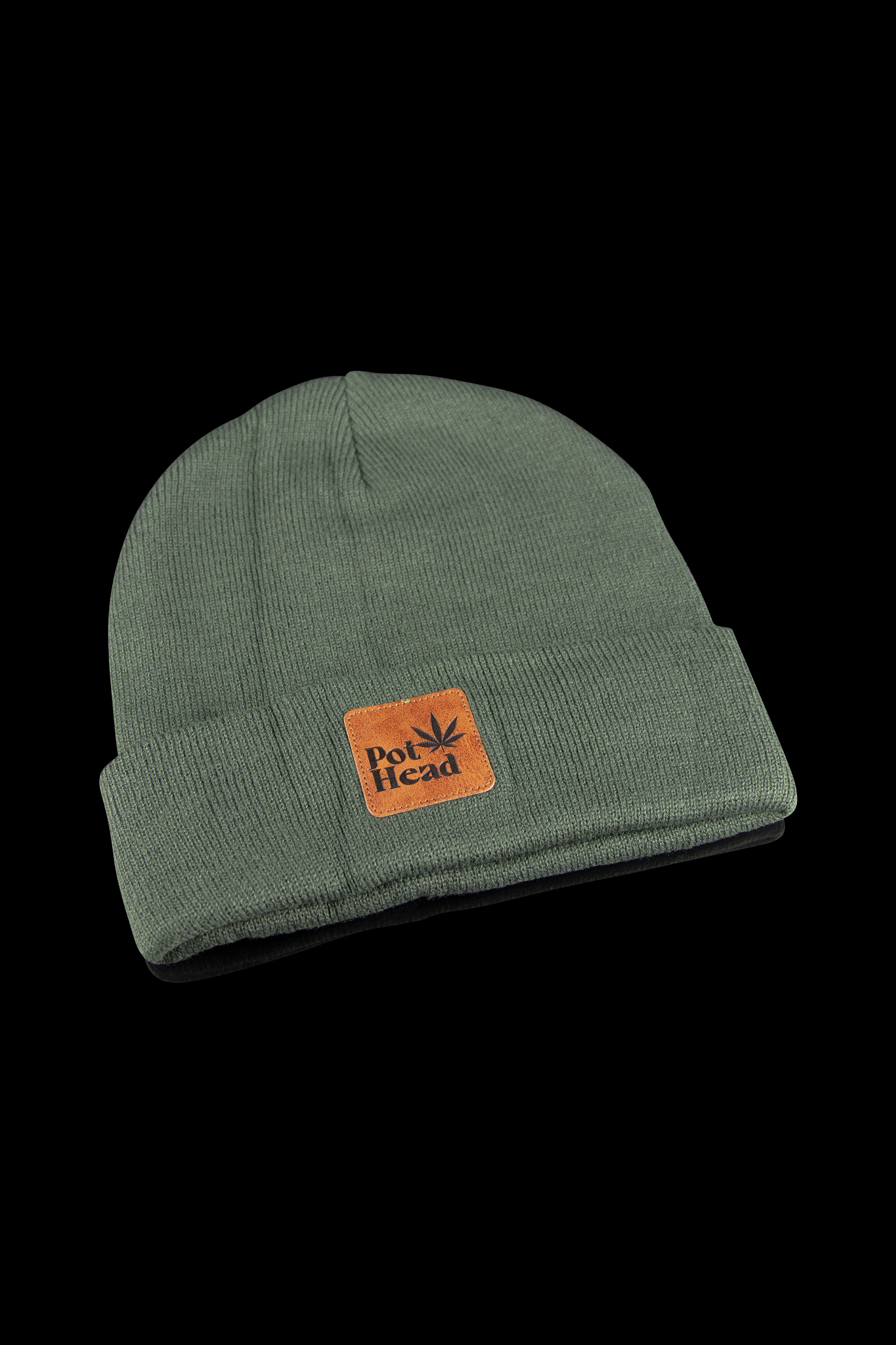Olive green knit beanie with a “Pot Head” patch featuring a cannabis leaf.