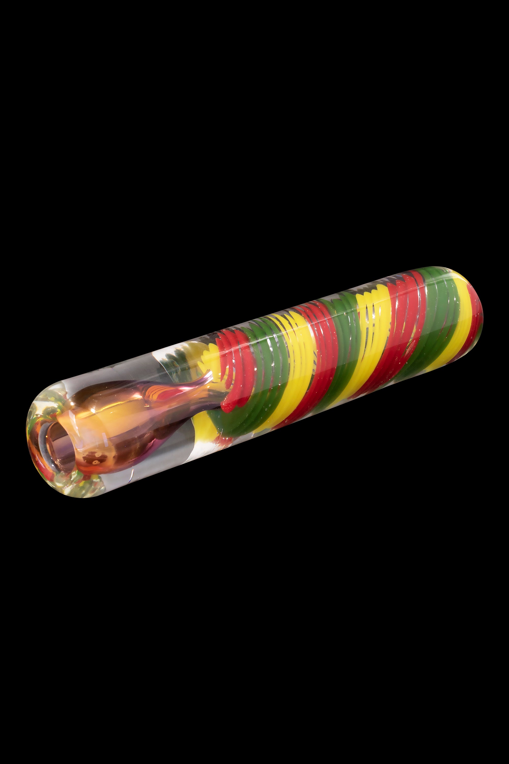 Hand-blown glass cannabis pipe with red, yellow, and green stripes.