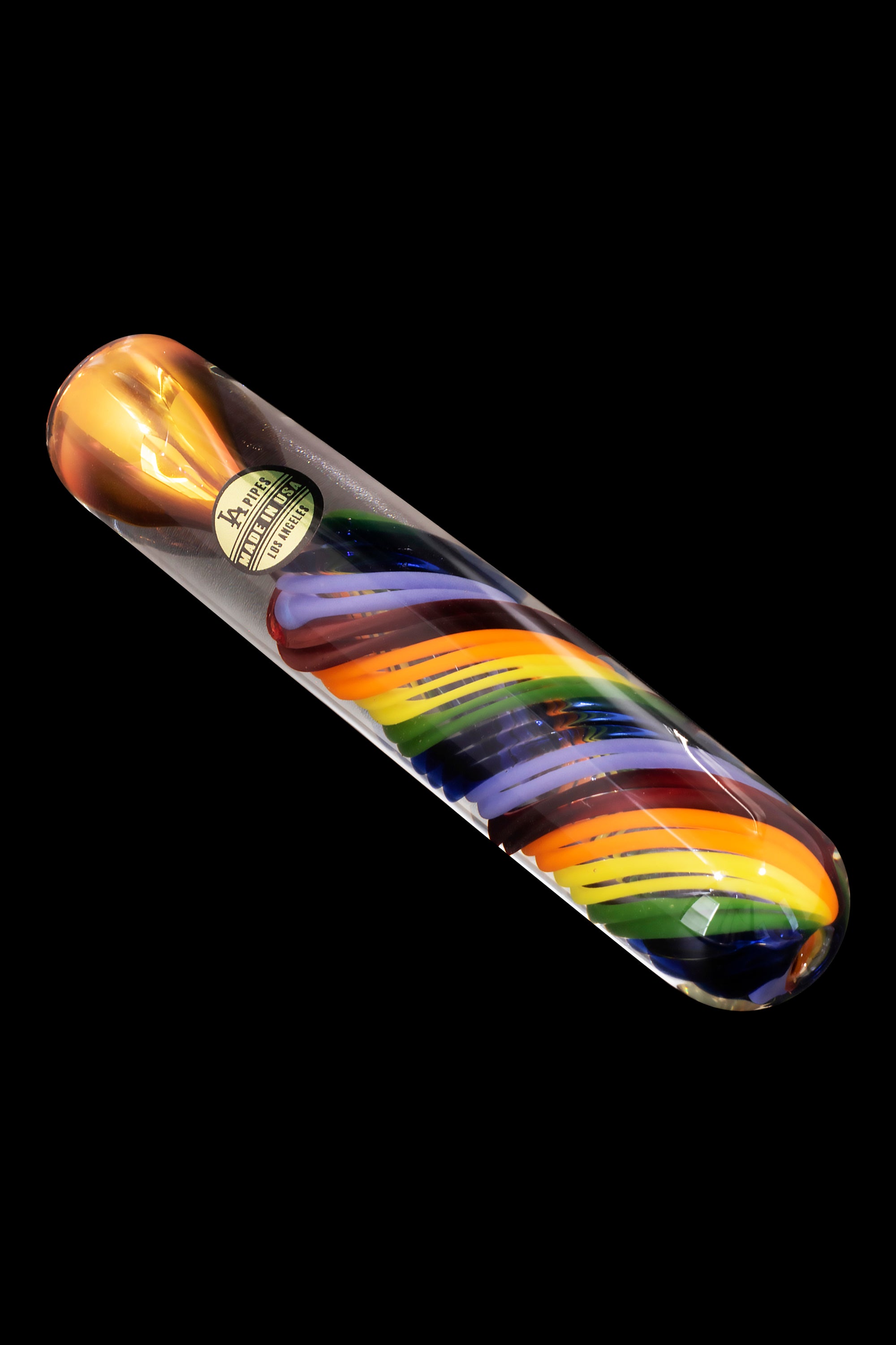 Hand-blown glass pipe with vibrant rainbow layering.