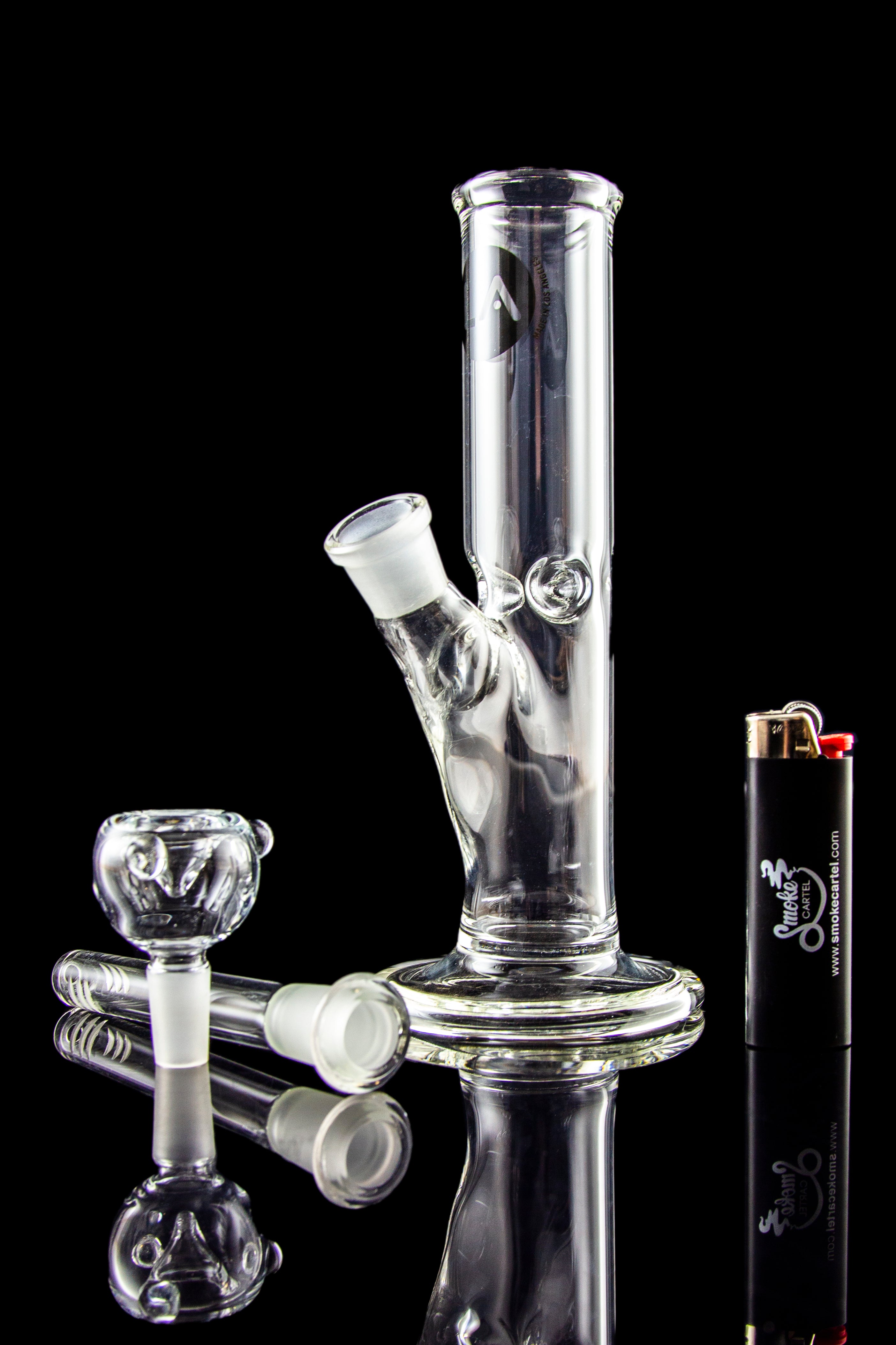 Close-up front view of the LA Pipes Straight Bong with Ice Pinch - Simply Guy against a black reflective background.