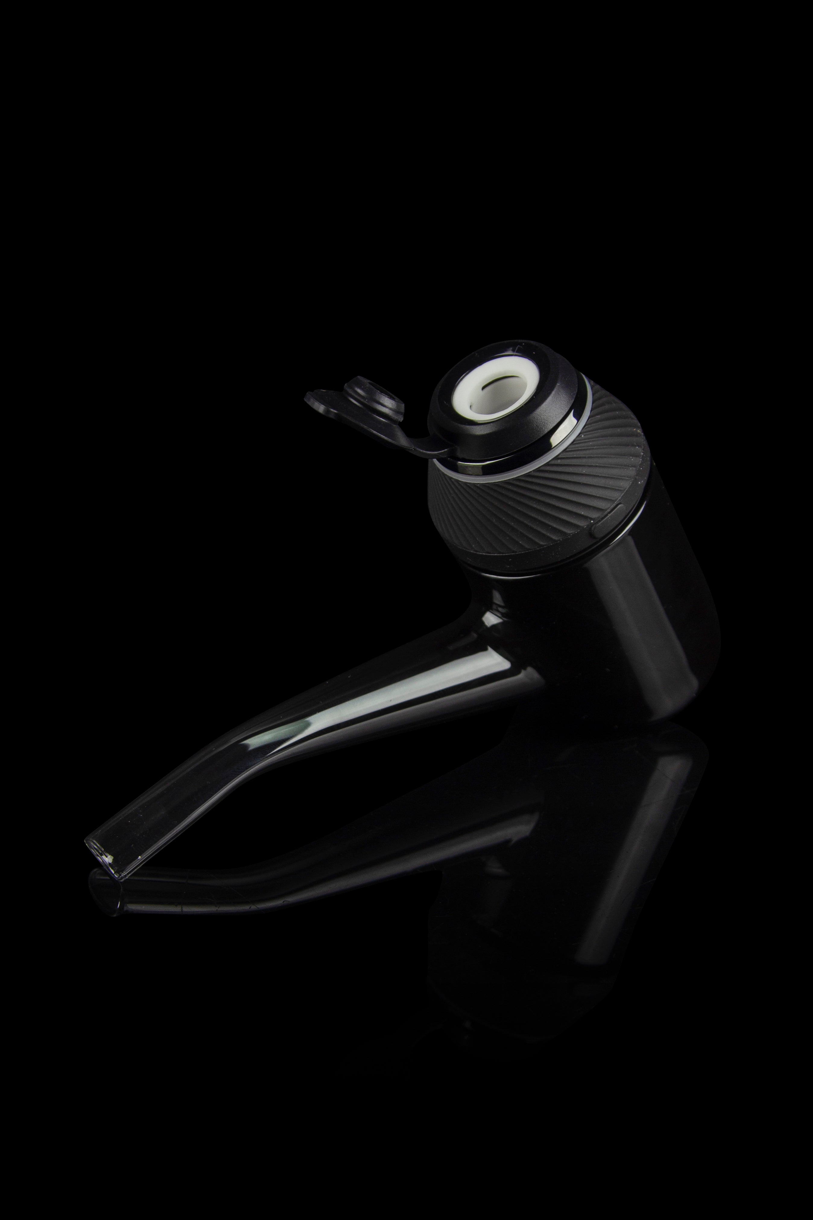 Sleek black cannabis oil vape pen with open mouthpiece, displayed against a dark background.