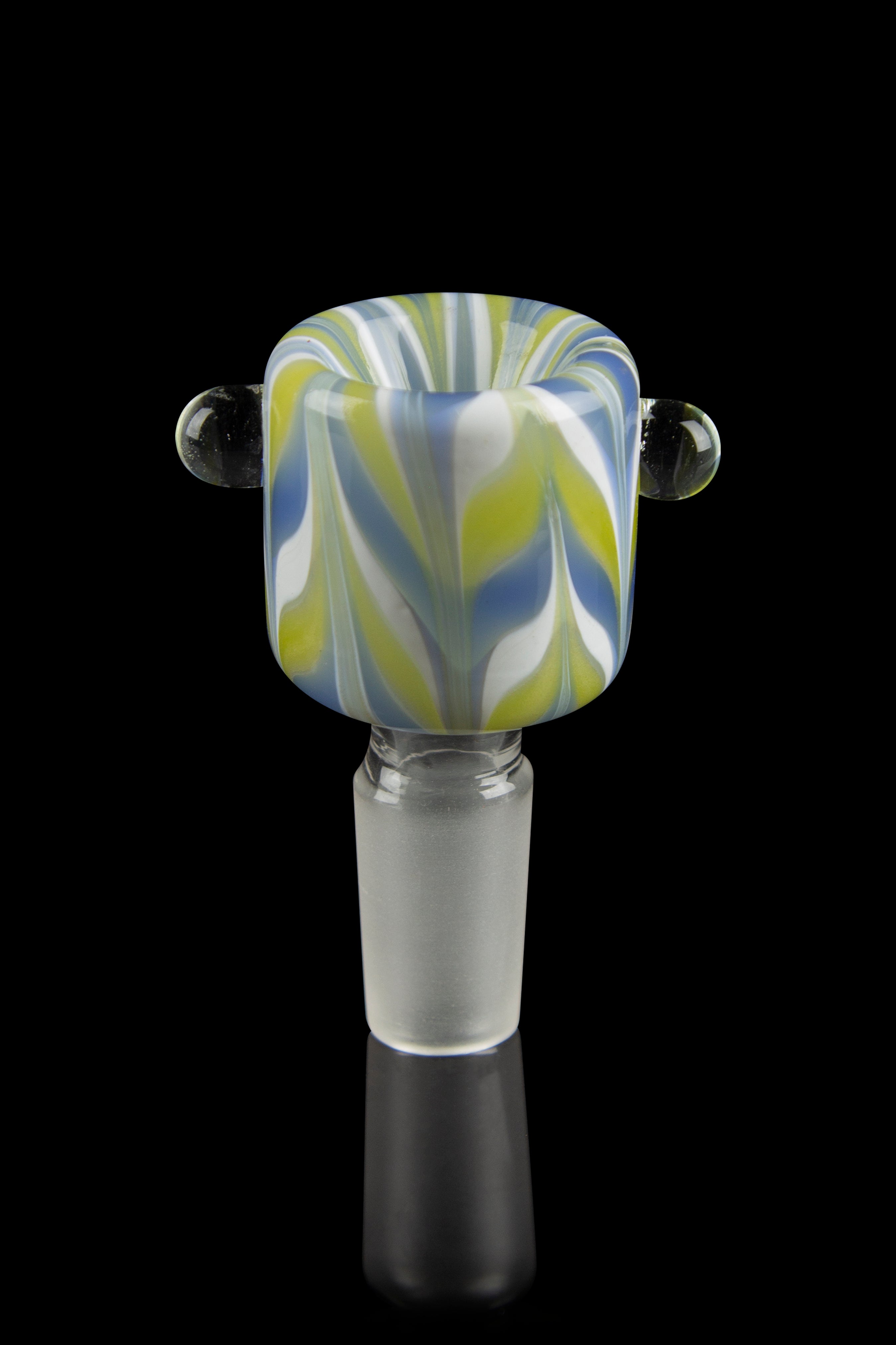 Close-up front view of the Honeybee Herb Wig Wag Flower Bowl showing blue, green, and white swirled glass with clear side knobs.