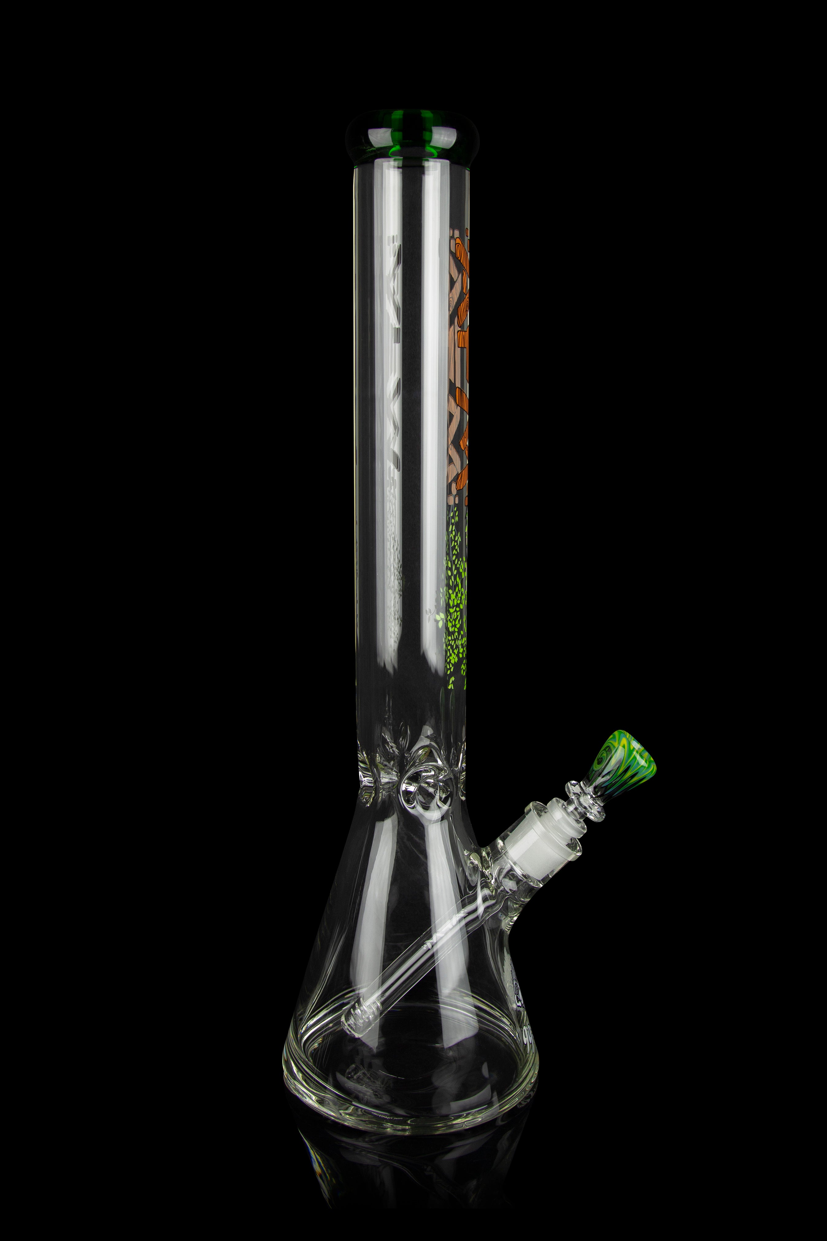 Clear glass bong with green accents and patterned design, isolated on a black background.