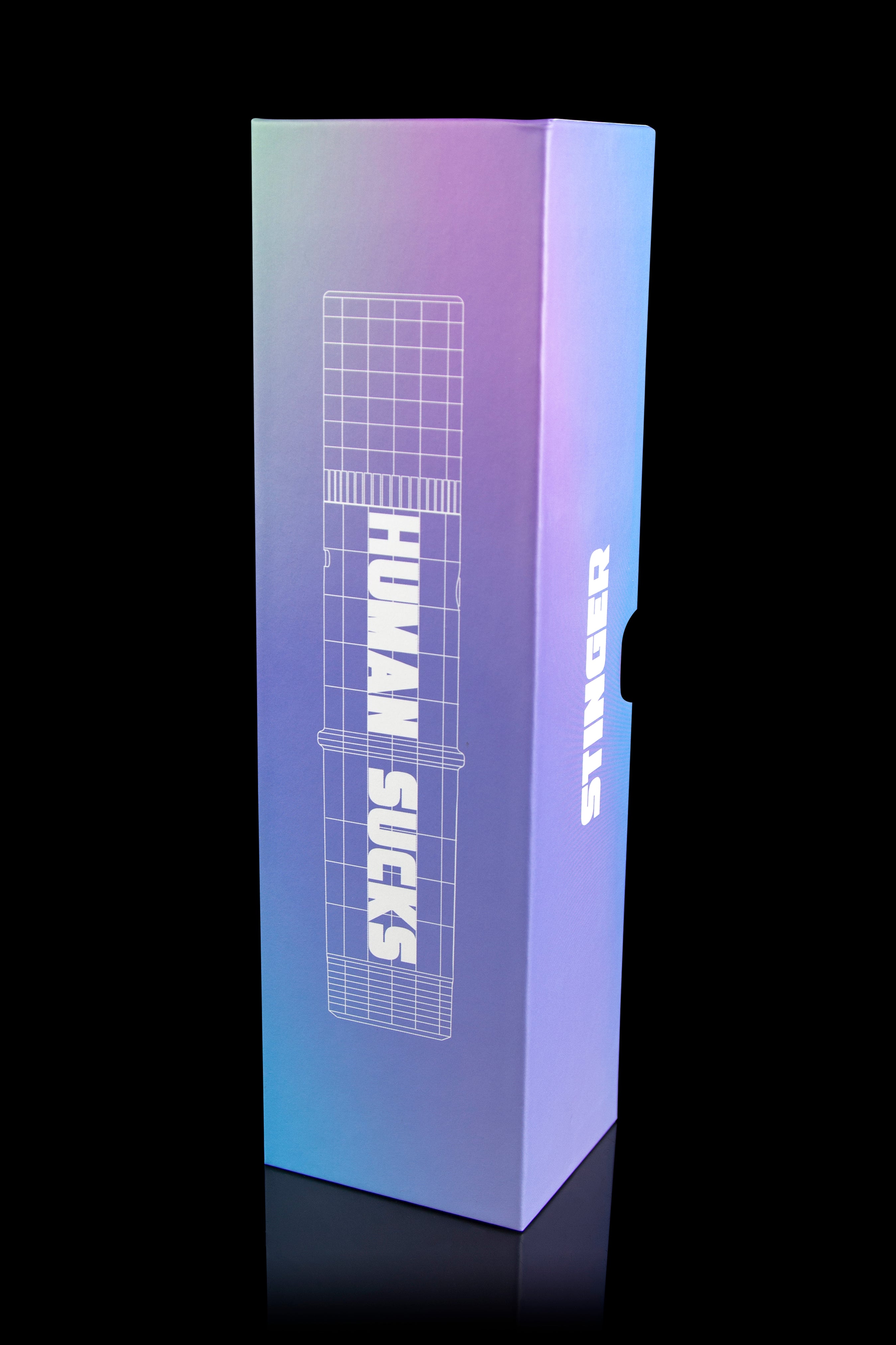 A sleek, rectangular packaging box with a gradient blue and purple finish, displaying a wireframe design of a cannabis pipe and the text “HUMAN SUCKS” and “STINGER.”