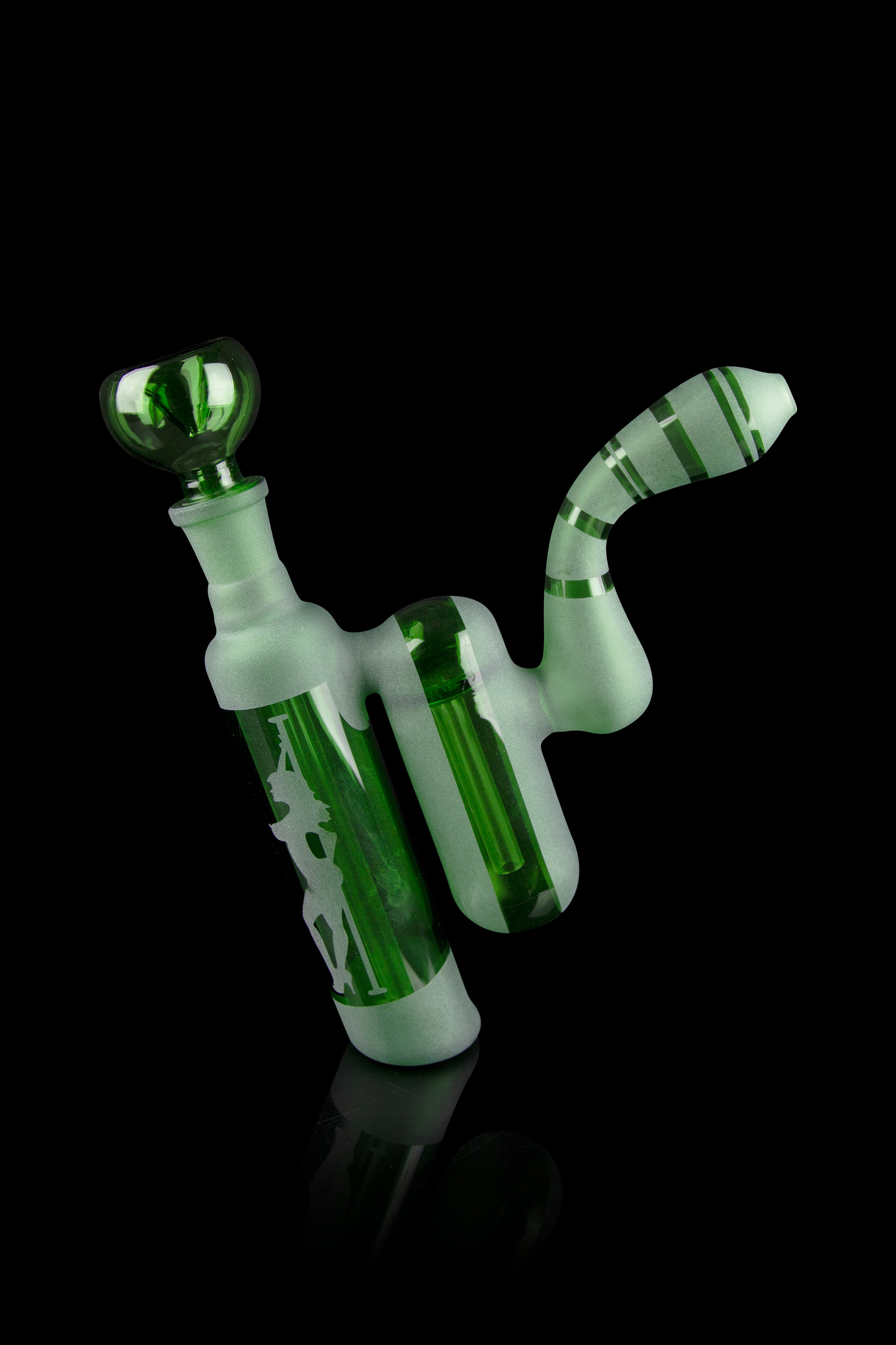 Green glass water pipe with swirling patterns, isolated on black.