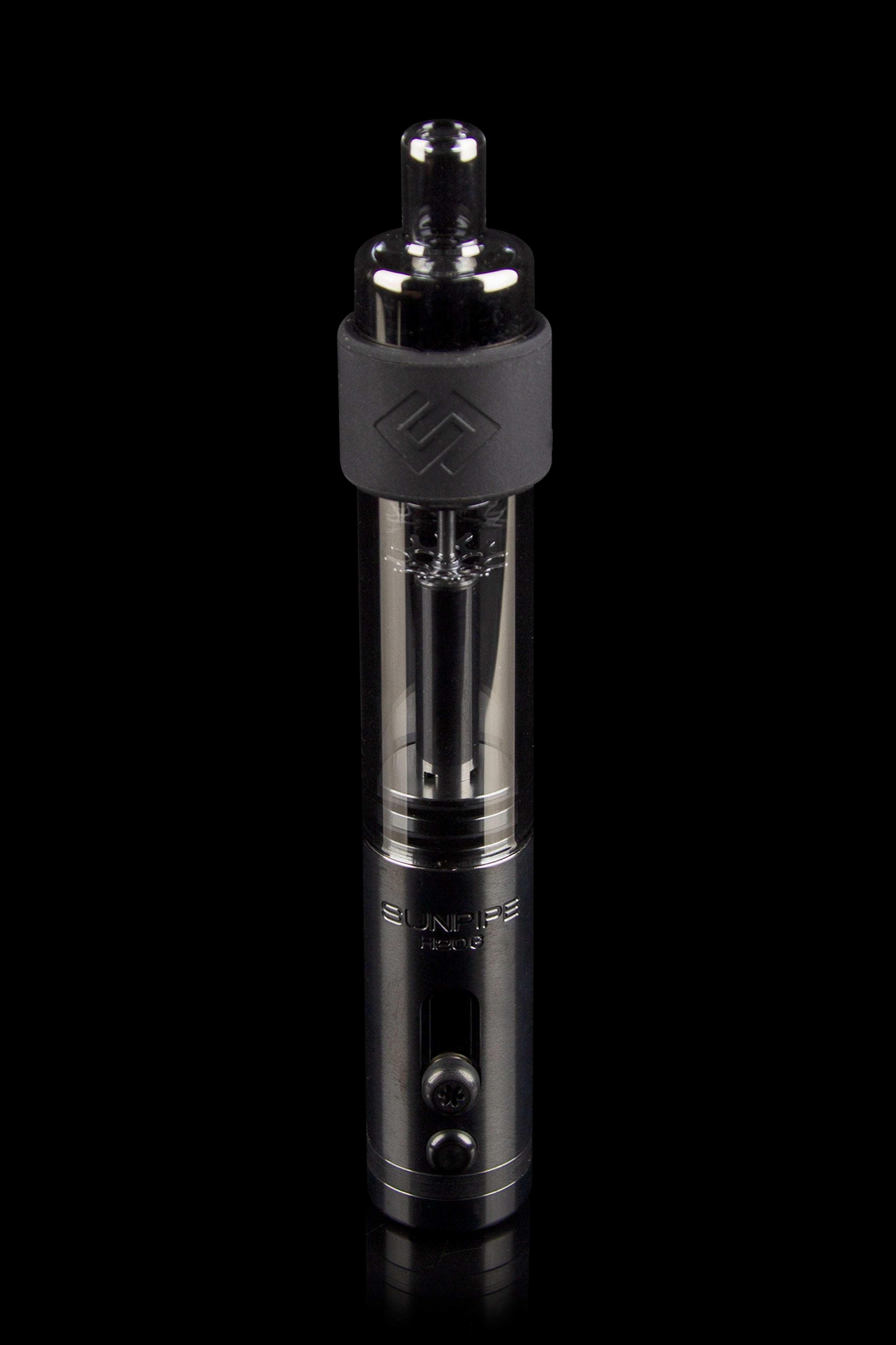 Black cannabis vaporizer pen with a clear cartridge visible, studio shot on a reflective surface.