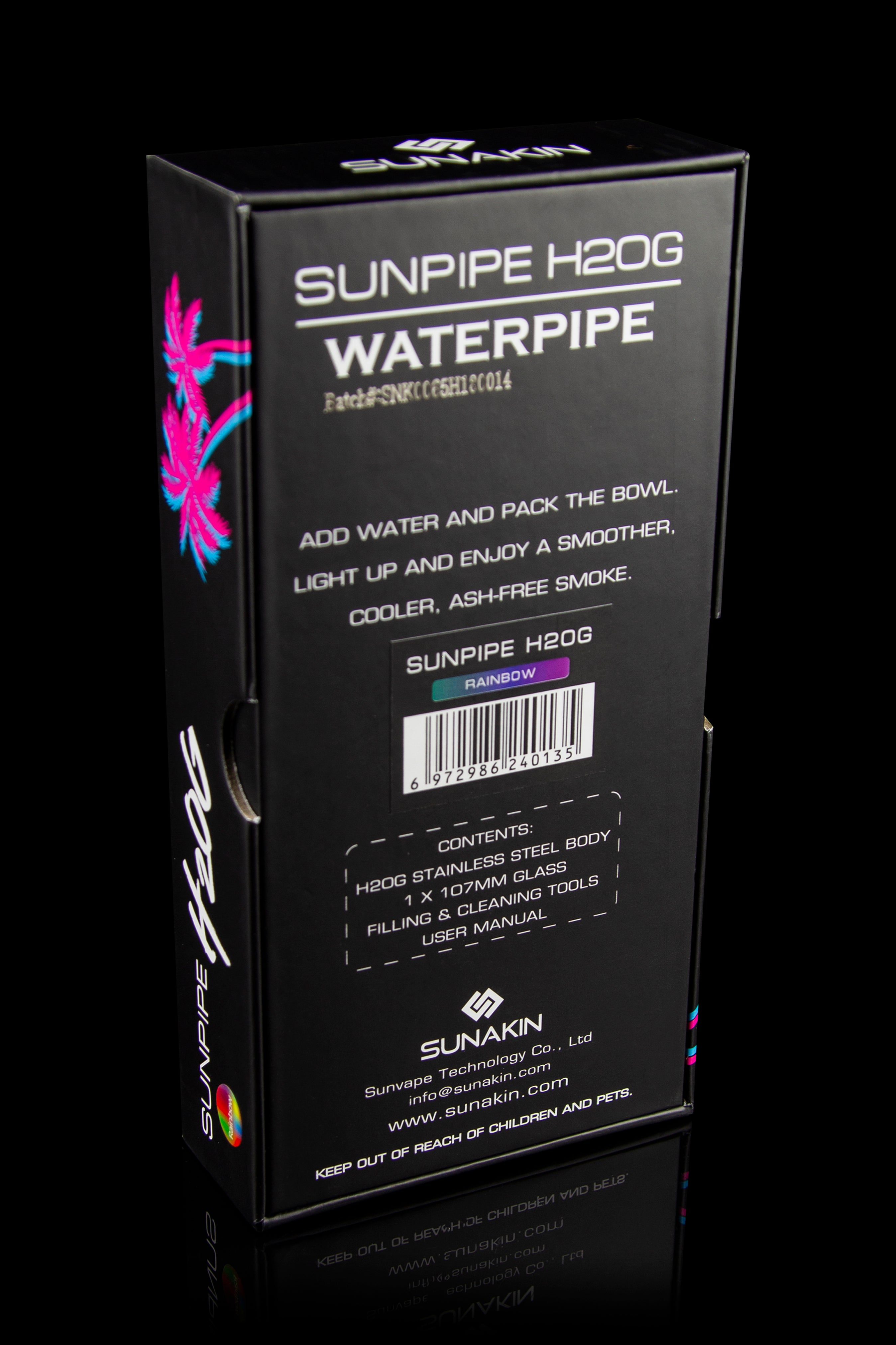 Close-up of a black and rainbow-colored SUNAKIN H2OG water pipe box with product details and warnings.