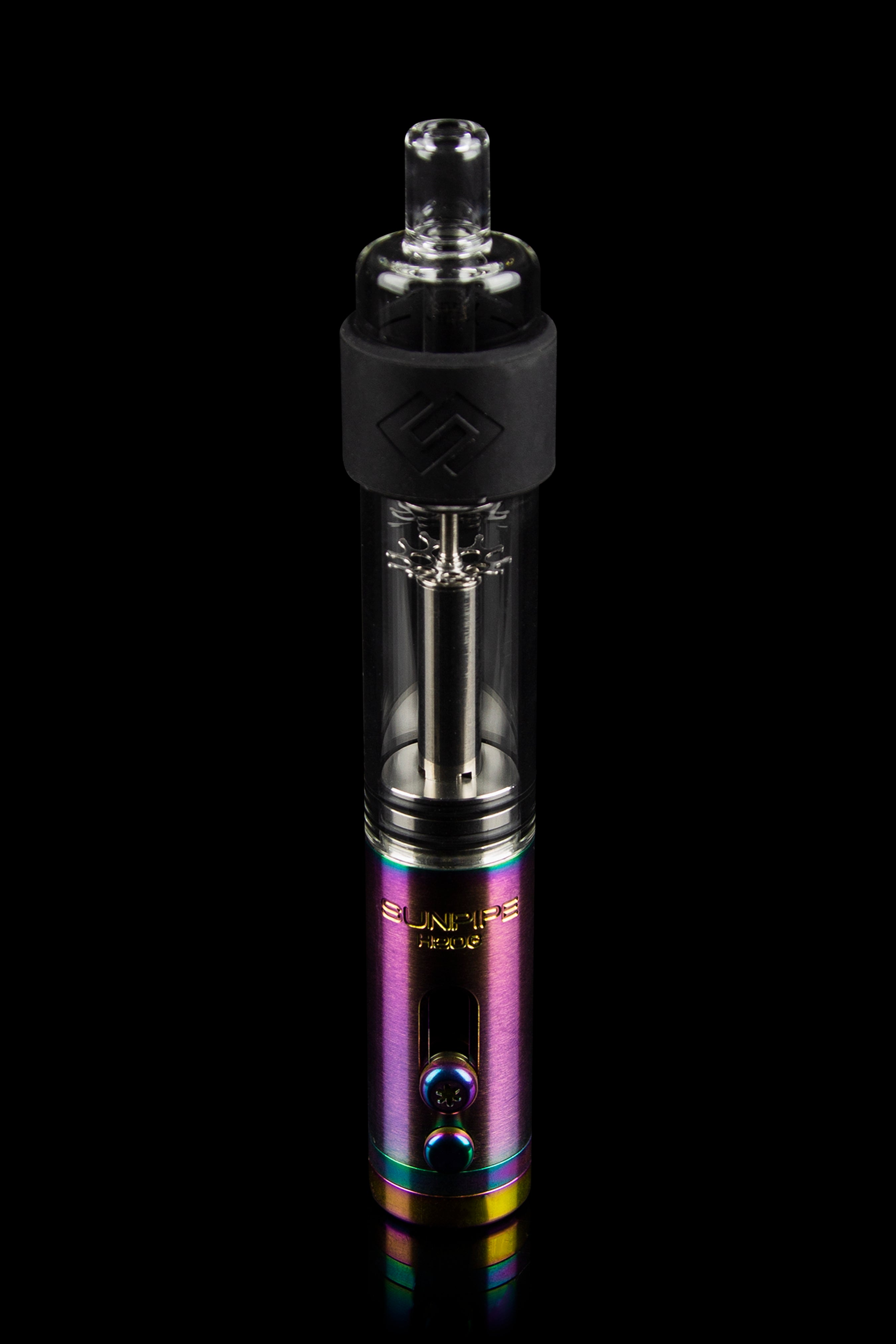 Purple and rainbow-colored electronic dab rig ("e-rig") with a glass bubbler, isolated on a black background.