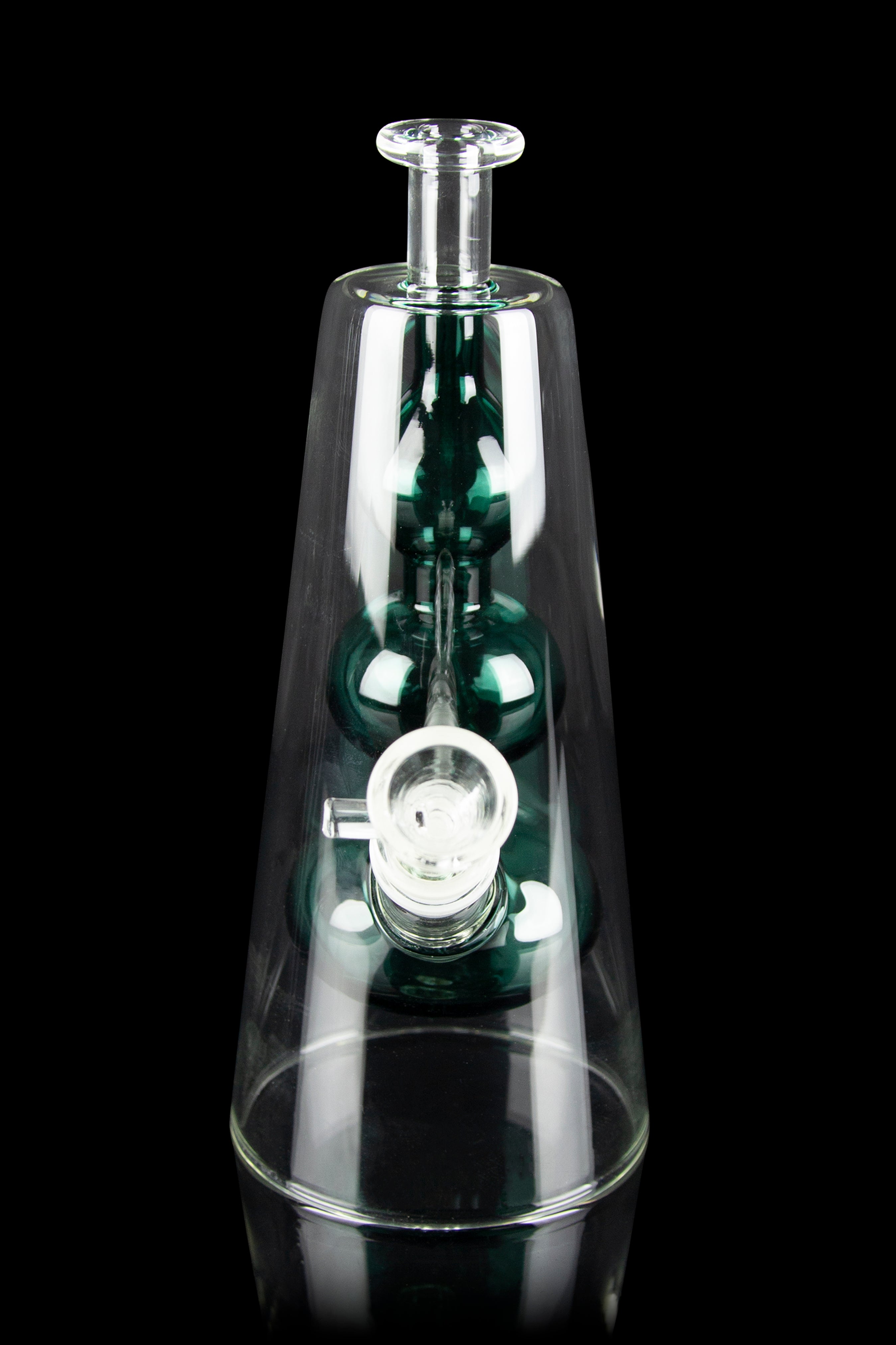 Clear glass rig with teal accents, featuring a bubbler and mouthpiece.