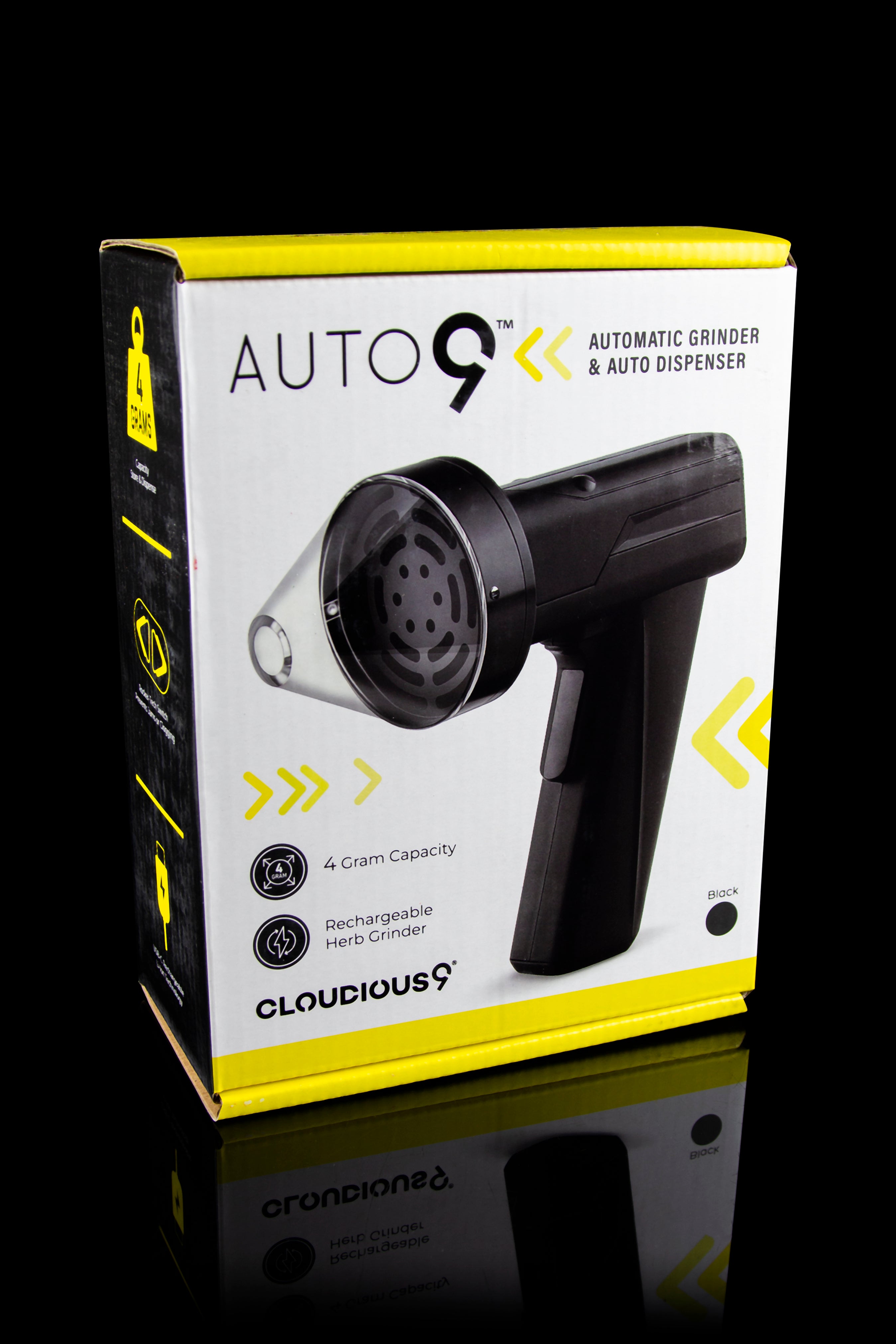 Product shot of a black “Cloudious9” Auto9 automatic herb grinder and dispenser in its retail box, highlighting its 4-gram capacity and rechargeable feature.