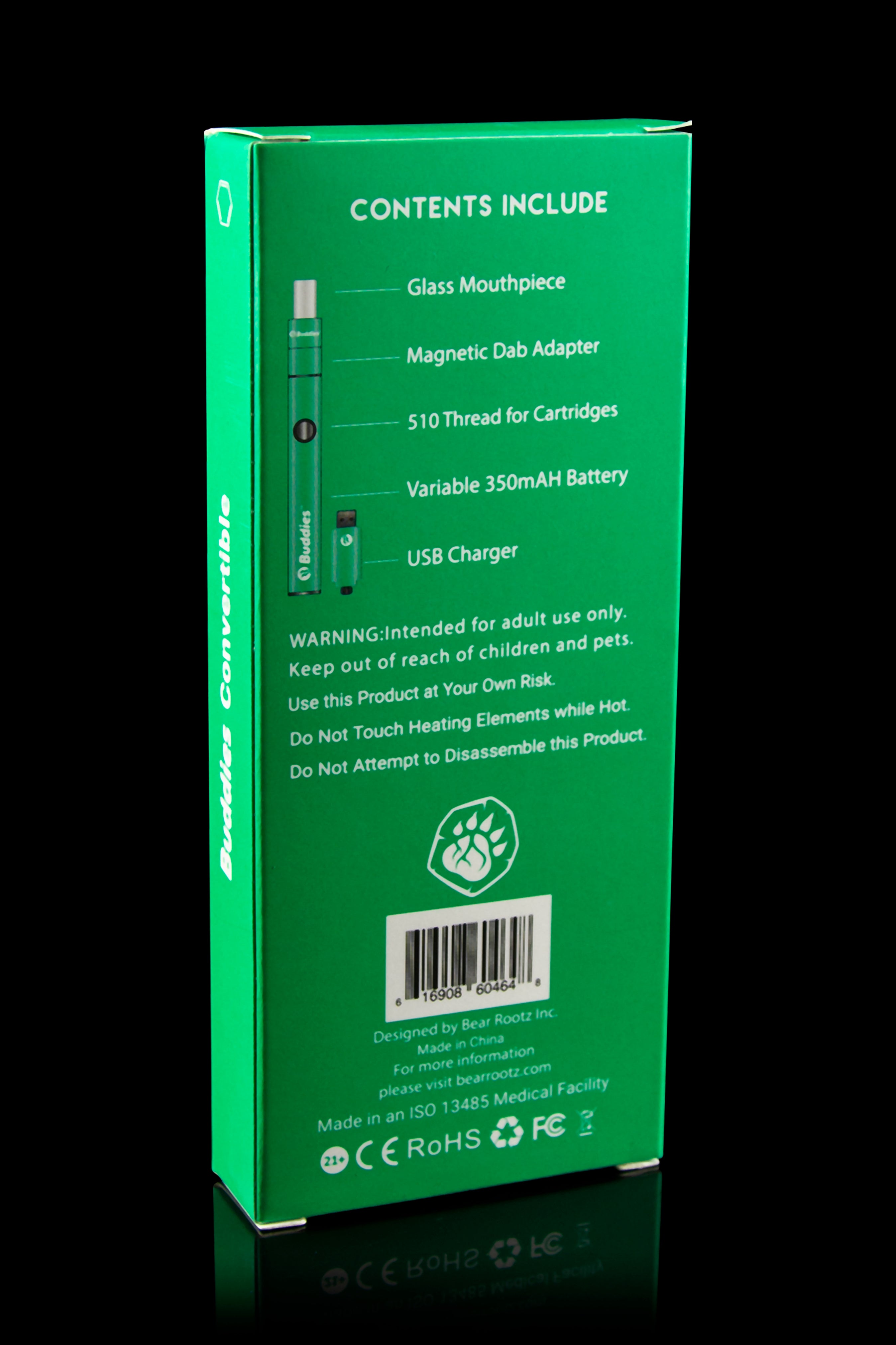 Angled rear view of the green Buddies Convertible 2-in-1 Battery & Dab Adapter box showing contents text, a small product illustration, warnings, and a barcode.
