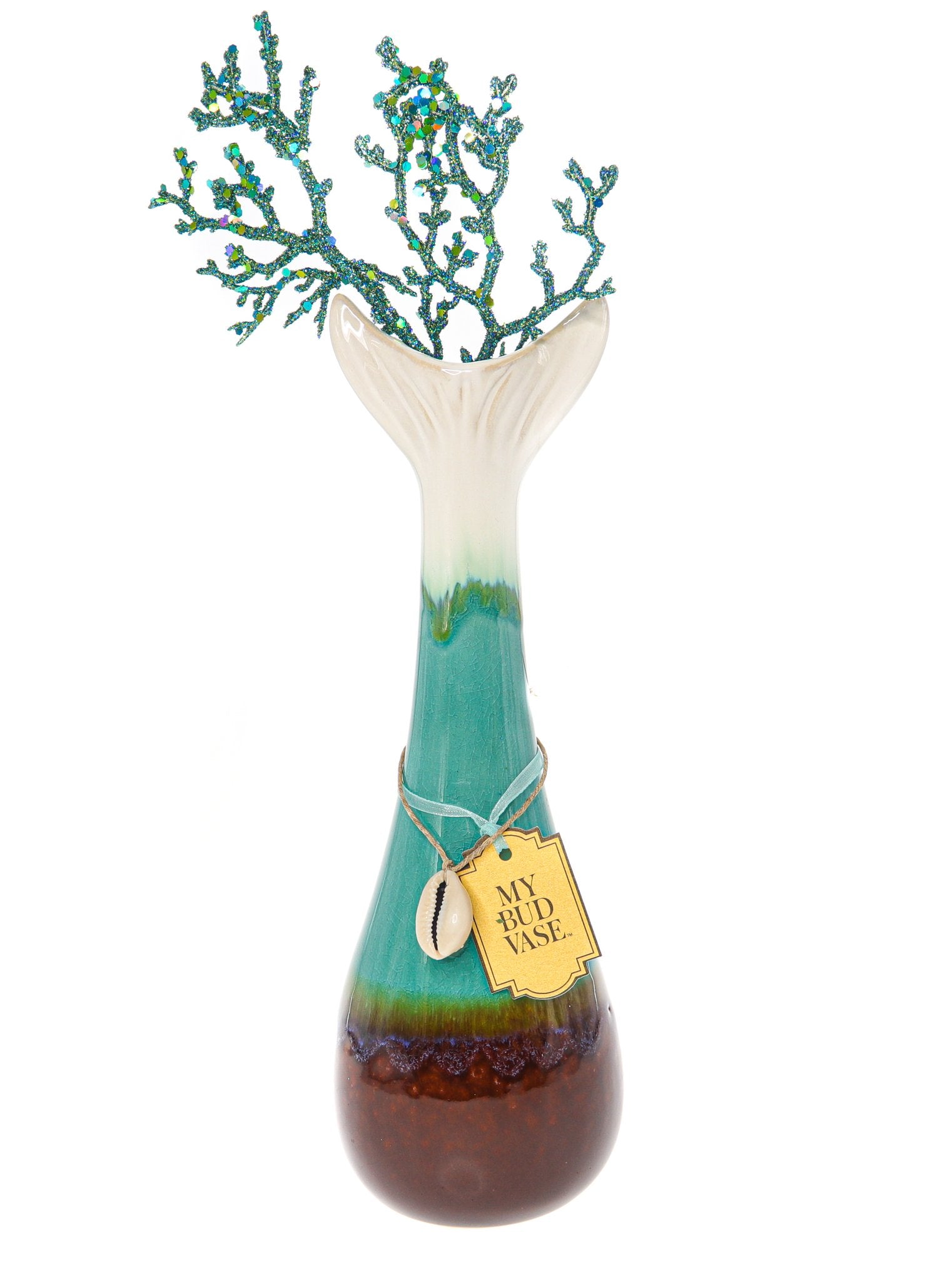 A front view of the My Bud Vase "Mermaid" Water Pipe, featuring a blue-green glass base with a detailed, sculpted top.