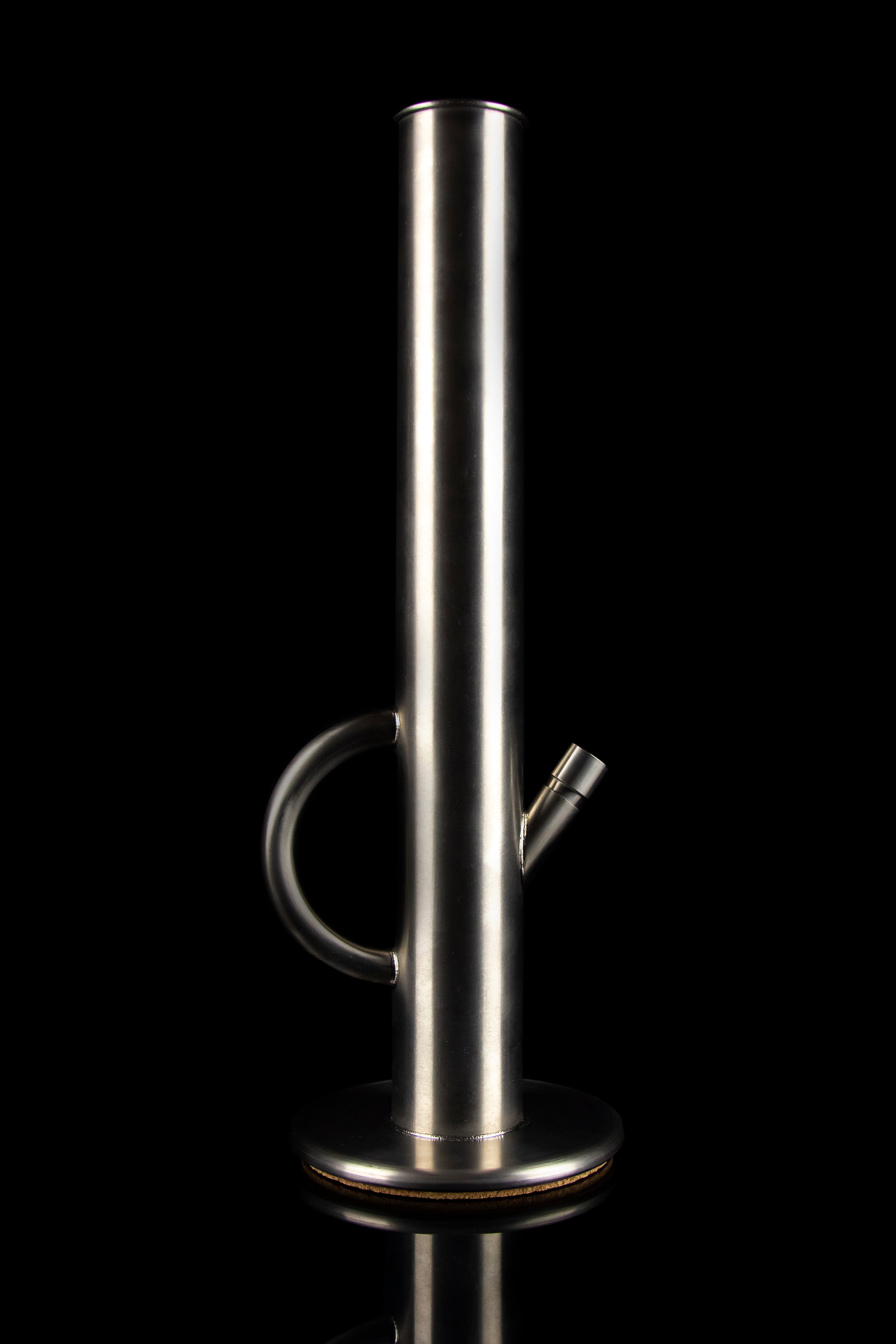 Sleek, metallic cannabis water pipe with a flared base, studio shot on black.