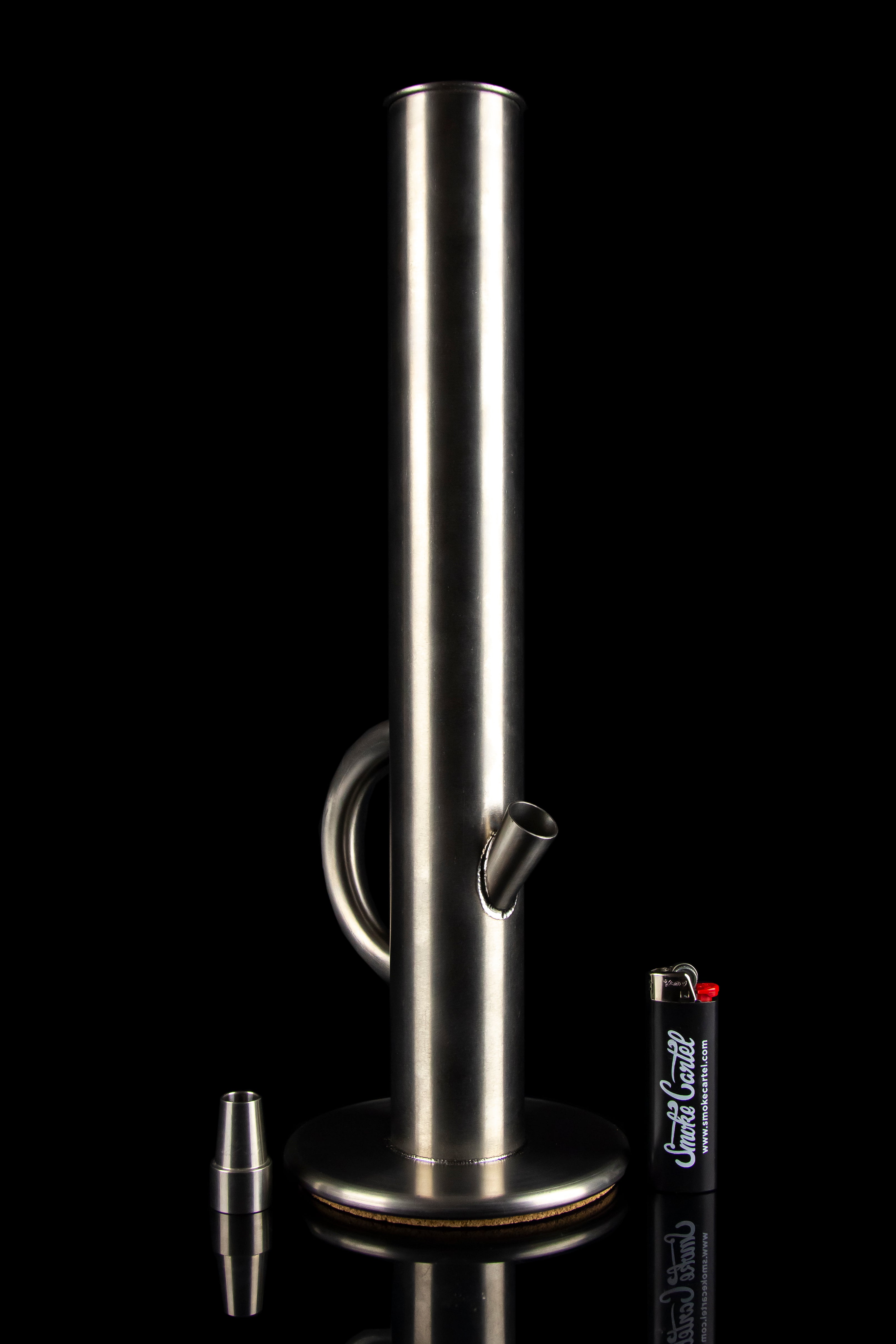 Sleek, silver glass bong with a clear tube and circular mouthpiece, reflecting on a dark surface.